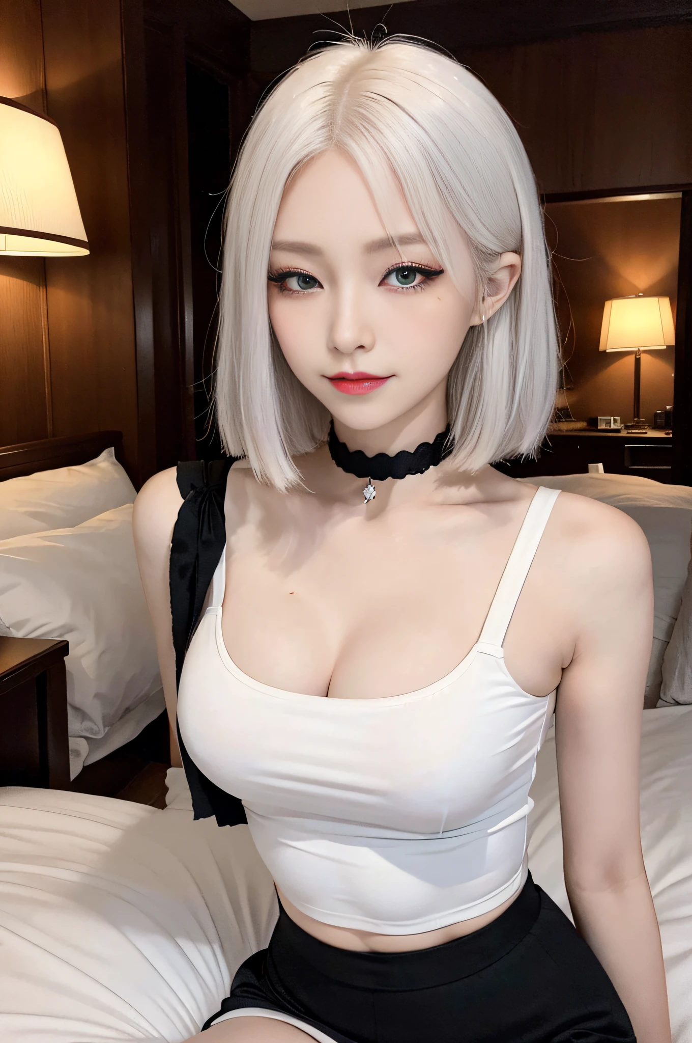 Beautiful Japan of ************, white hair, big round breasts, black tank top, short skirt, (beautiful eyes to the smallest detail, half eyes closed: 1.4, eyelashes, beautiful double eyelids), beautiful thin legs, seductive look, sharp look, evil smile, cowboy shot, big bed in the suite,