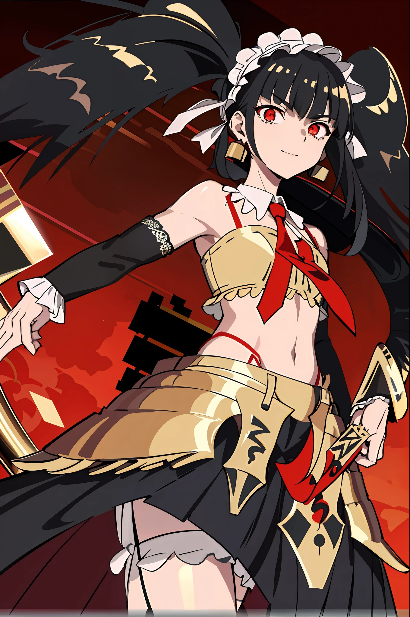 realistic, (masterpiece, top quality, best quality, official art, beautiful and aesthetic:1.2), extremely detailed,(1girl:1.3),cowboy shot,(looking at viewer),(holding single weapon:1.3),clenched fist, pointing hand viewer, from middle,black background,(night:1.2), filmg, insane happy expression, celestiaLudenbergTopless, solo, and long, has black hair in two large twin-drill pigtails, (red eyes:1.2), 1girl, jewelry, standing, earrings, necklace, armor, tattoo, topless, Gold armor, shirtless, gold clingon bra, single gold gauntlet,right gold shoulder armor,right gold elbow gloves, one shoulder armor, a red and gold jacket that includes white ribbon lacing down the sleeves, fastened by a simple white ribbon across her chest to reveal her red tie, knee-high stockings trimmed in ladder lace with a black ribbon on the opposite side of the other for each, dark red mary janes with a thick heel held on her feet by three gold buckles, a white lace headband, and a gold, gunmetal plated ring, tulle lace dark red hued panties, a red and black pleated miniskirt that is cut extremely short, standing, full body portrait