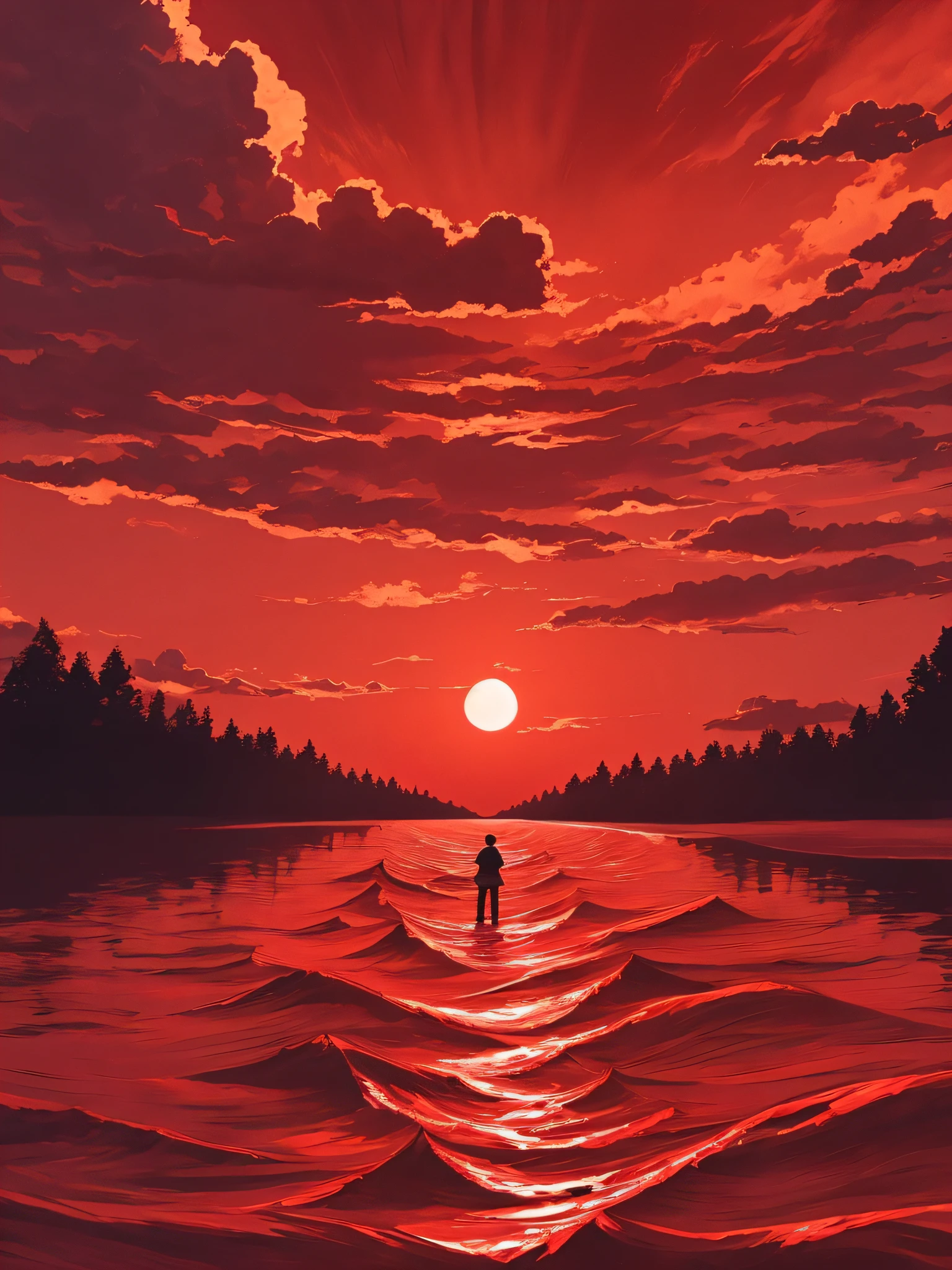 The dark red sun in the sky is high in the sky (the only one), a cloud of red clouds, a river, red is very red, a river with waves, and a small man stands on the surface of the river and looks up at the sky. A3 paper, animation style --auto --s2