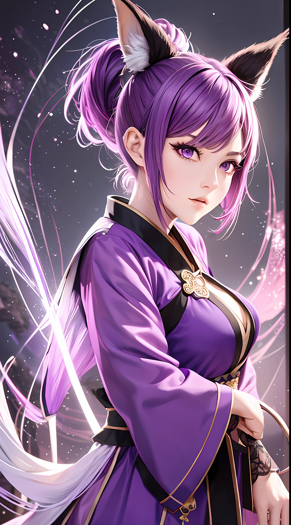 Tall girl, short purple hair, high ponytail, fox ears, purple eyes, Hanfu fighting, fighting stance, wicked, masterpiece, high quality