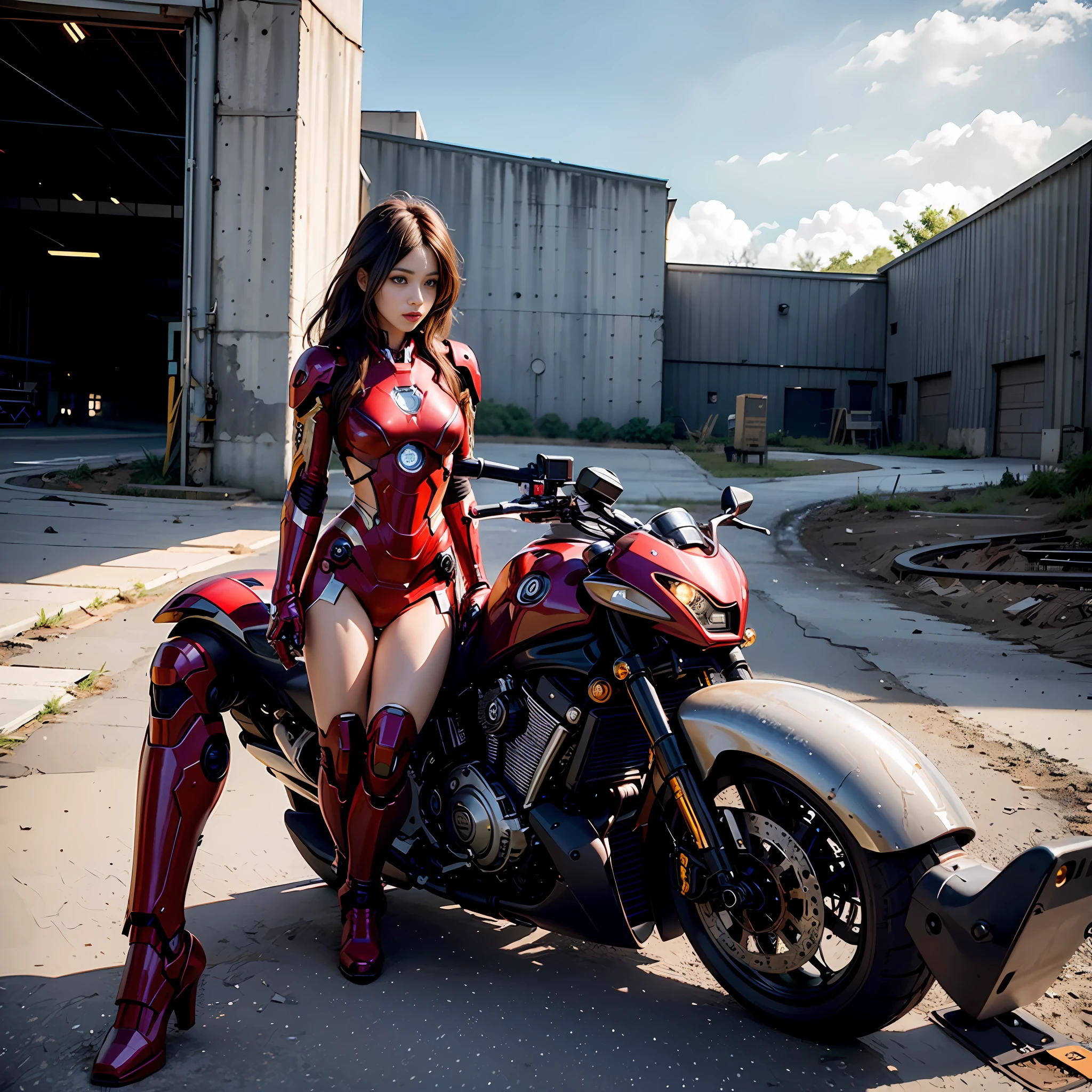 8k, realistic, attractive, highly detailed, a 20 year old girl a sexy and attractive woman inspired by Iron Man wearing a shiny Iron Man mech. She dresses with sexiness and confidence, perfectly interpreting Iron Man's strength and charisma. The abandoned warehouse serves as a backdrop, creating a unique atmosphere that highlights her bravery and perseverance. The cloudy sky adds a sense of tension and mystery to the whole scene. This high-definition, high-quality picture will bring you a shocking visual experience. The detailed abandoned warehouse and shiny mechs will keep your eyes on you. oc rendering, dramatic lighting, award winning quality