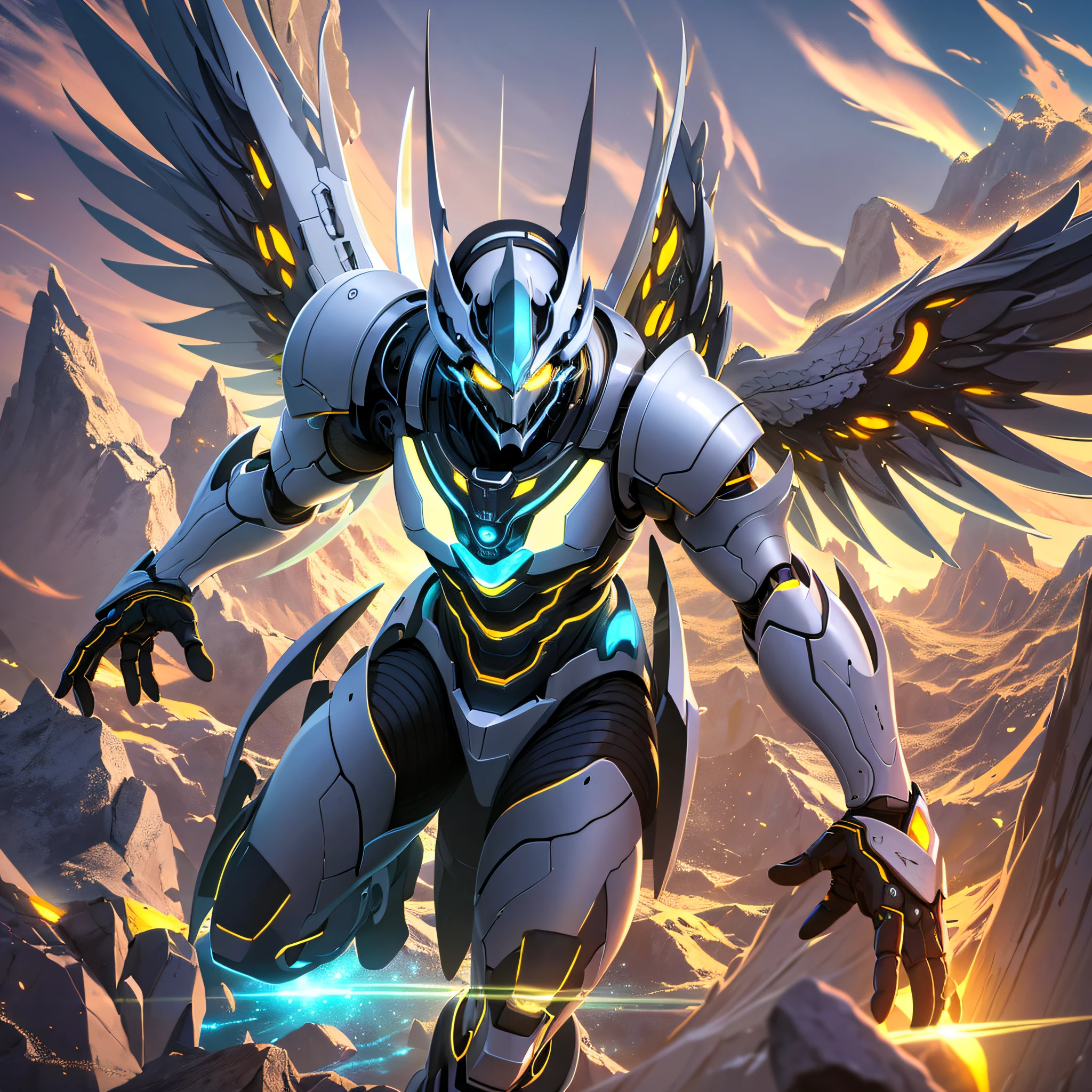 1robot flying , glowing eyes, glowing armor, white mecha \(mjstyle\) ,zhongfenghua, wings ((cinematic lighting, high key,   high contrast,  ))  (reflective  , hard surface, omit details, ) smoke, fire, explosions,energy beams
 dynamic angle, dynamic pose , weapon,   (photorealistic:1.5) depth of field,  sunny sky, strong sunlight, lens glare, 
official art, unity 8k wallpaper, ultra detailed, beautiful and aesthetic,  realistic, (fractal art), epic scene, highres, (masterpiece), (best quality), pov from above --auto --s2