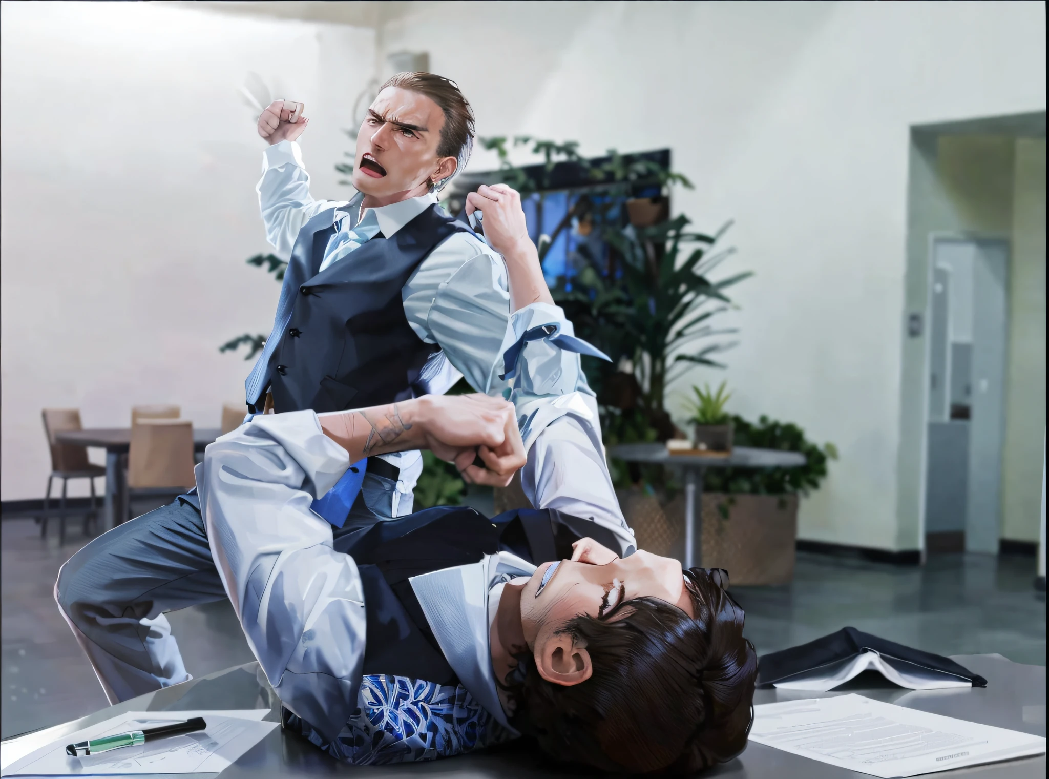 They are two young handsome men in suits fighting at a table, posing in a fight pose, action fighting, close fighting, intense fighting, boss fighting, fight scenes, people fighting, in fight poses, fight poses, dramatic action shots, intricate fight poses, fight scenes, dramatic action poses, they fight very angry, fight, fierce fighting, short black hair, clear facial features,