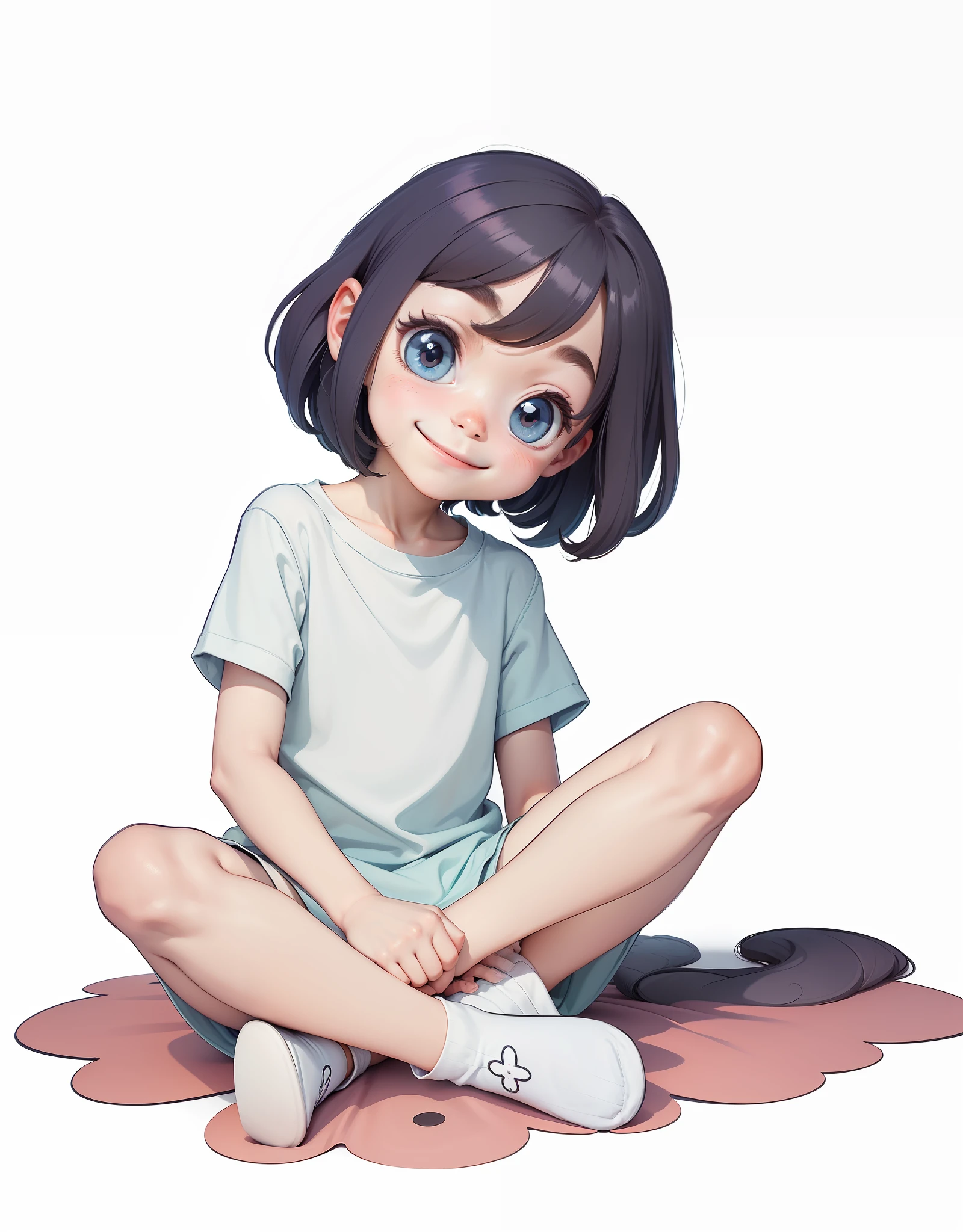 Fresh and cute 2D cartoon , smiling and wearing socks, big eyes, head and body proportions. Q version cute image with pure white background, little boyn the floor, slender legs, fresh style, no shoes. Fine feet