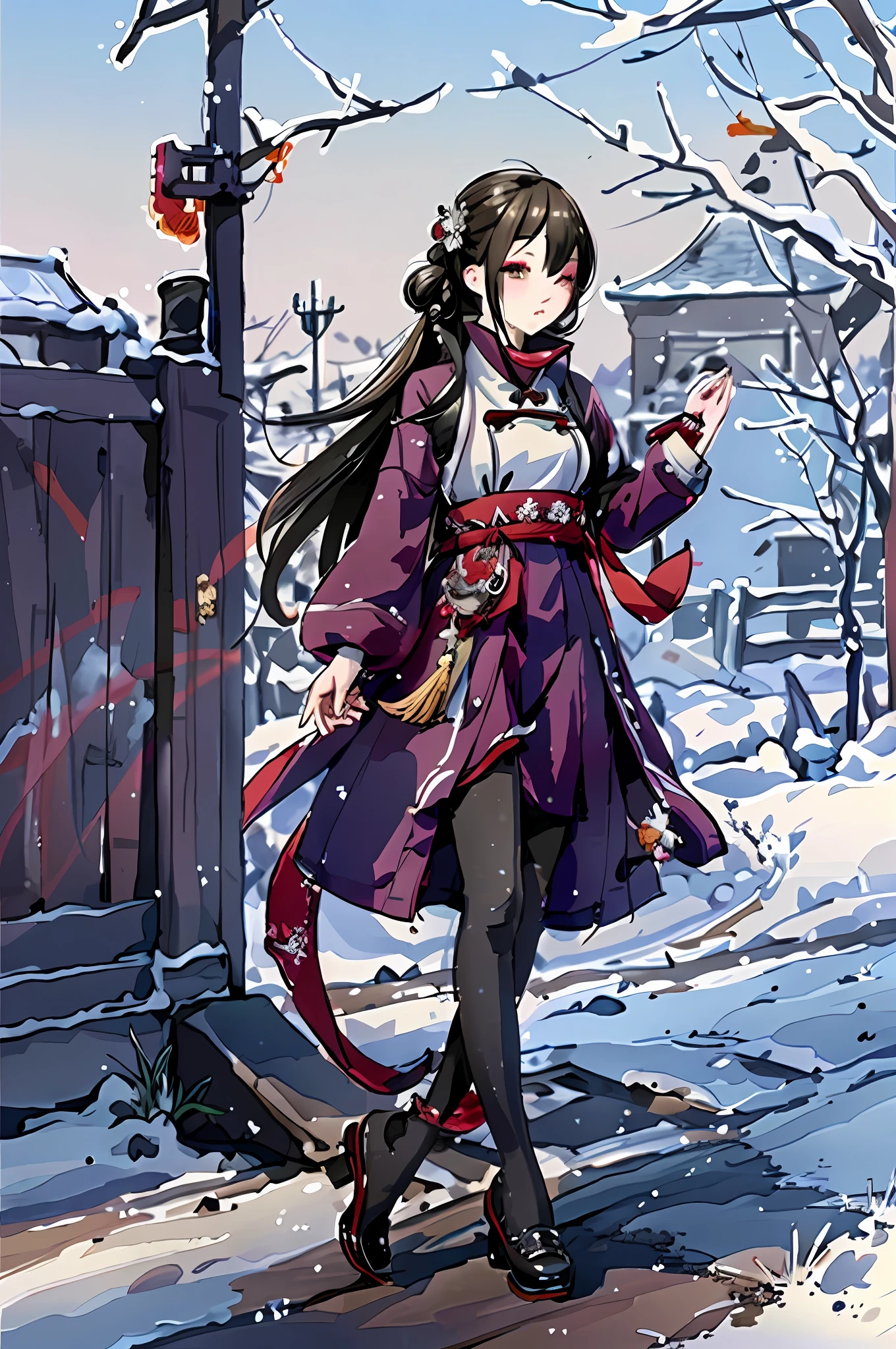 anime girl in winter clothes walking down a snowy street, from girls frontline, girls frontline style, fine details. girls frontline, keqing from genshin impact, full body xianxia, kantai collection style, by Yang J, artwork in the style of guweiz, official artwork, anime style 4 k, guweiz, painted in anime painter studio
