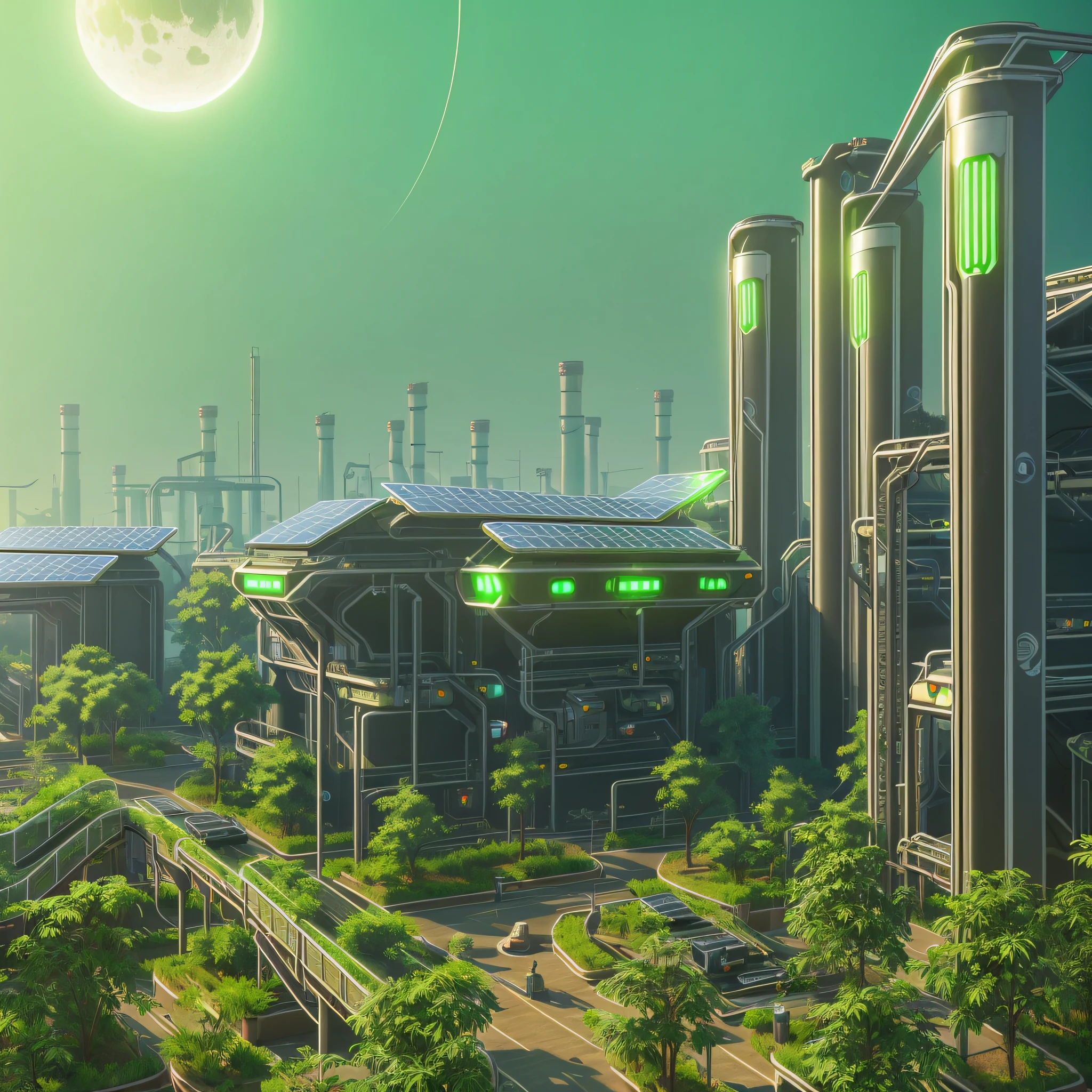 Solarpunk factory with solar panels, green plants, connected to nature with trees and plants, concept art for small, sleek design, highly detailed, 4k, 8k, sharp focus, trending on ArtStation, cgsociety, cinematic lighting, art by Craigcel - shaded, power bright neon light, by david a. hardy --auto --s2