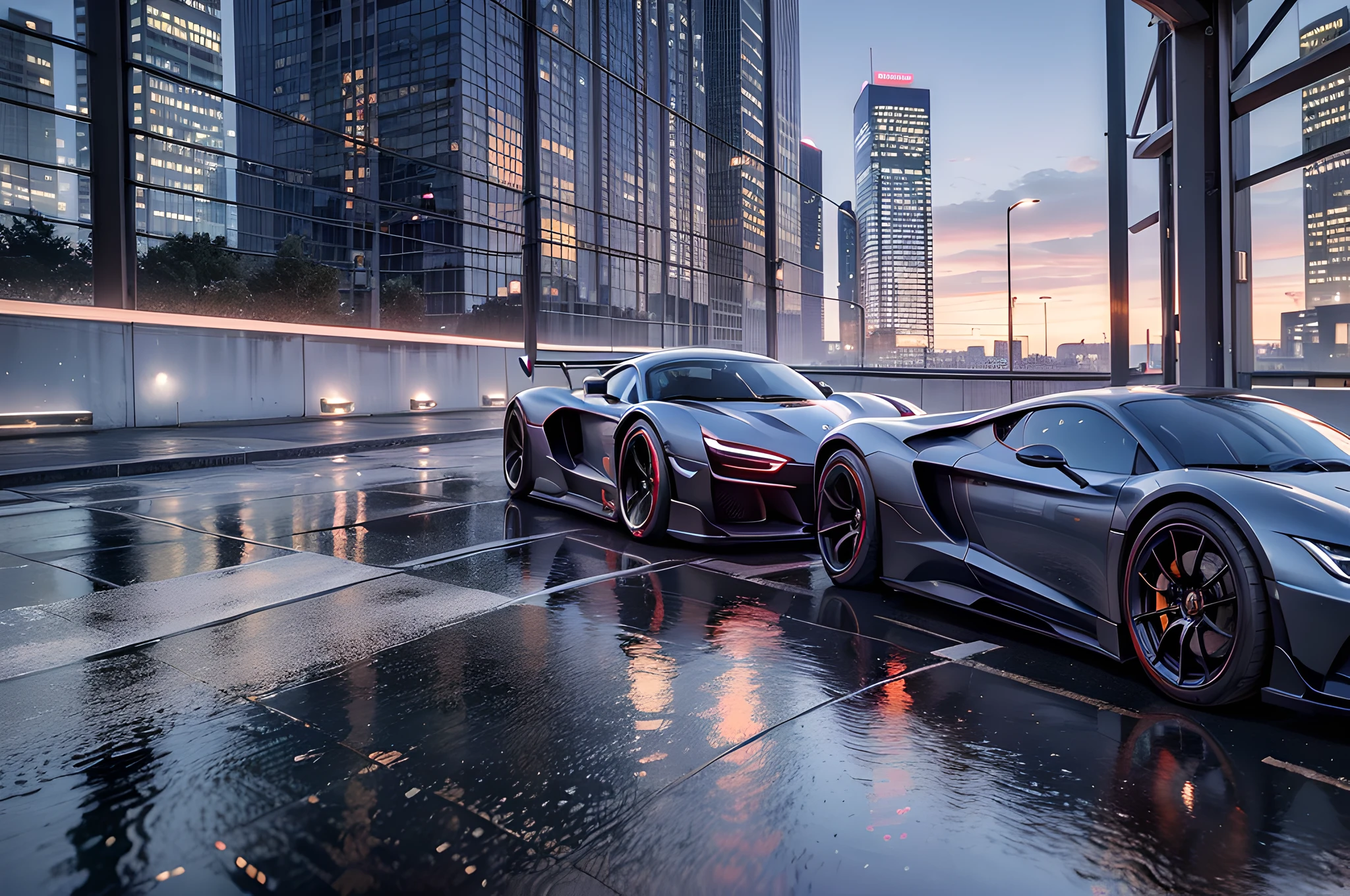 (best quality, masterpiece:1.2), photorealistic, (ambient light:1.3), (cinematic composition:1.2), 8k, hdr, ultra high res, Exquisite details and textures, sportscar, supercar, tail lights, sunset, street view, skyscrapers, skylines, cyberpunk, neon lights, clouds, raining, wet floor, reflection, dusty air, light particles, ray of lights, detailed background, depth of field, professional lighting, photon mapping, radiosity, physically-based rendering