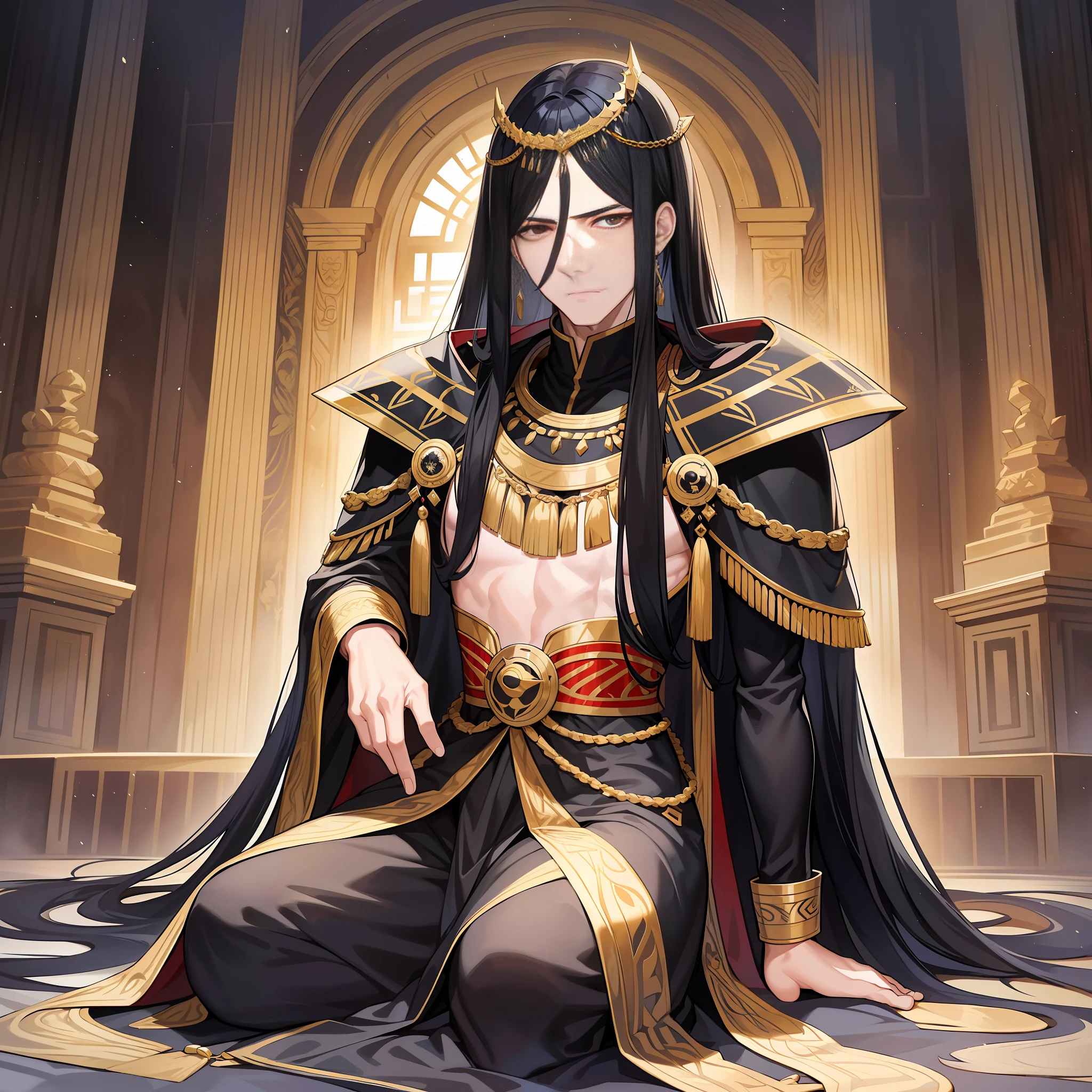 An emperor with long black hair and ancient costume.
His posture sits tall, and his temperament is arrogant and cold. Long black hair casually hung down on his shoulders, his eyes were cold and proud, and his entire face was shrouded in a layer of mystery. The costumes on his body are gorgeous, but they highlight his mystery and cruelty.