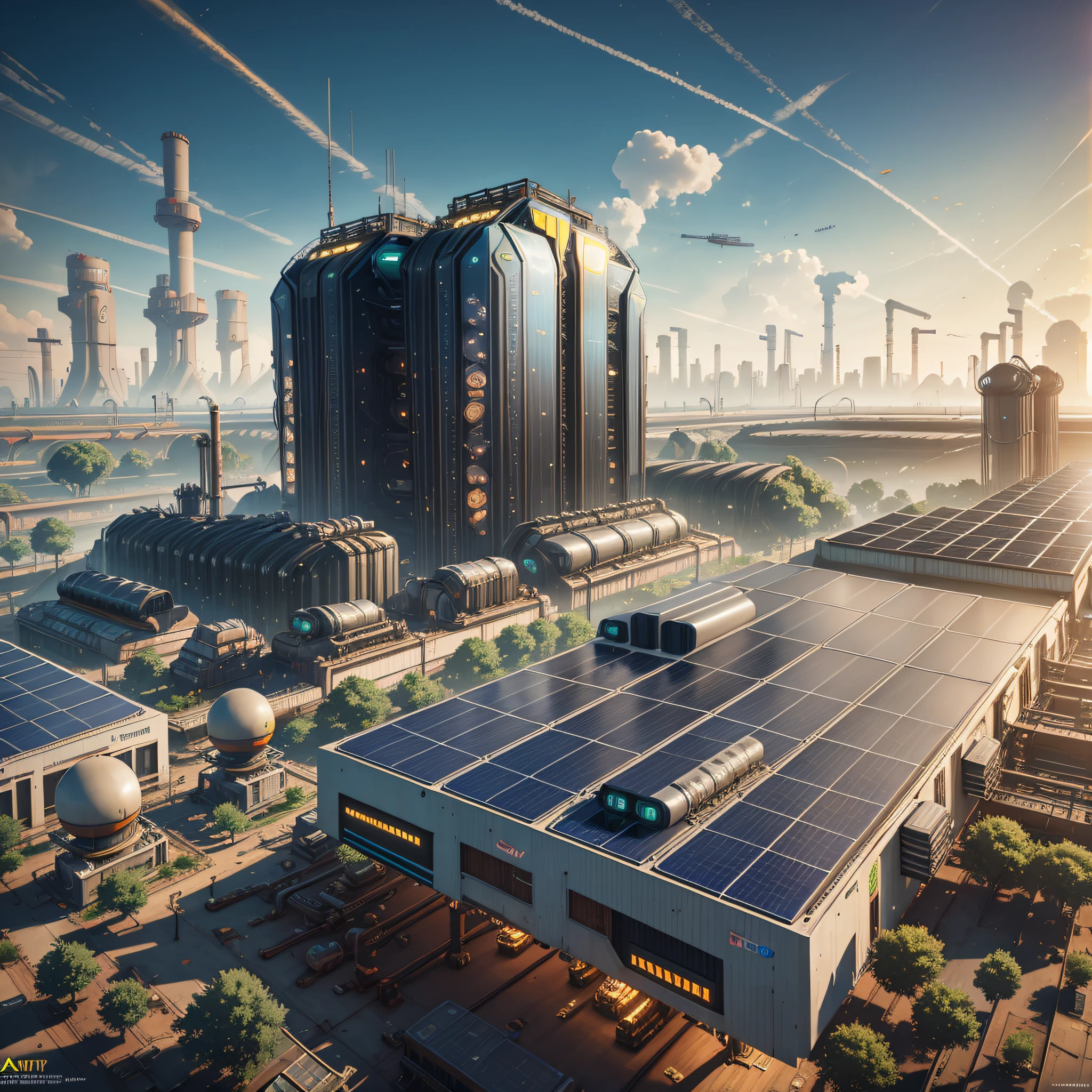 Solarpunk factory with solar panels, sustainable cities in the background, utopia, green park, futuristic city, trending on artstation, cinematic lighting, 8k, hyper realistic, ultra detailed, colorful accents, HDR, octane render, trending on artstation, unreal --auto --s2