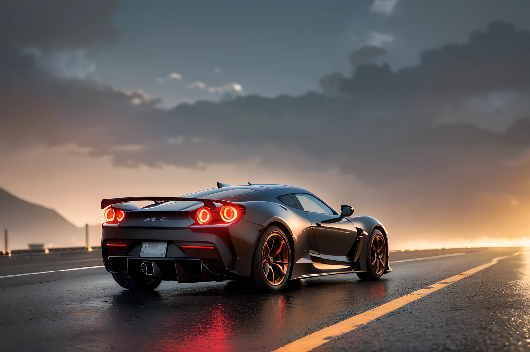 (best quality, masterpiece:1.2), photorealistic, (ambient light:1.3), (cinematic composition:1.2), 8k, hdr, ultra high res, Exquisite details and textures, sportscar, supercar, tail lights, sunset, street view, skyscrapers, skylines, cyberpunk, neon lights, clouds, raining, wet floor, reflection, dusty air, light particles, ray of lights, detailed background, depth of field, professional lighting, photon mapping, radiosity, physically-based rendering