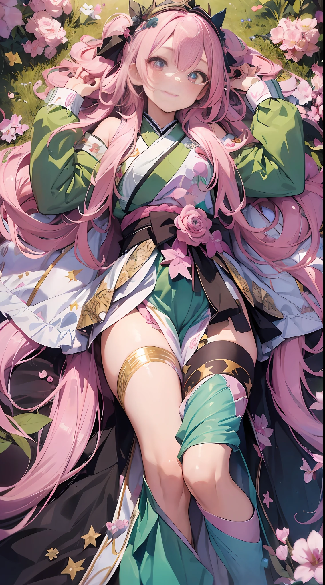 Princess Gomiya ((Masterpiece))) (One girl) (pink hair, long hair, straight hair, both sides up) (green eyes), beautiful face, eyeshadow, eyeliner, glow eyes, hyper detail eyes, complex eyes, beautiful eyes, detailed eyes, ((star-shaped pupils, shining pink pupils)) 18 year old girls. ((Hanfu)). Smile. Full body painting. Admire the flowers. Lie down.