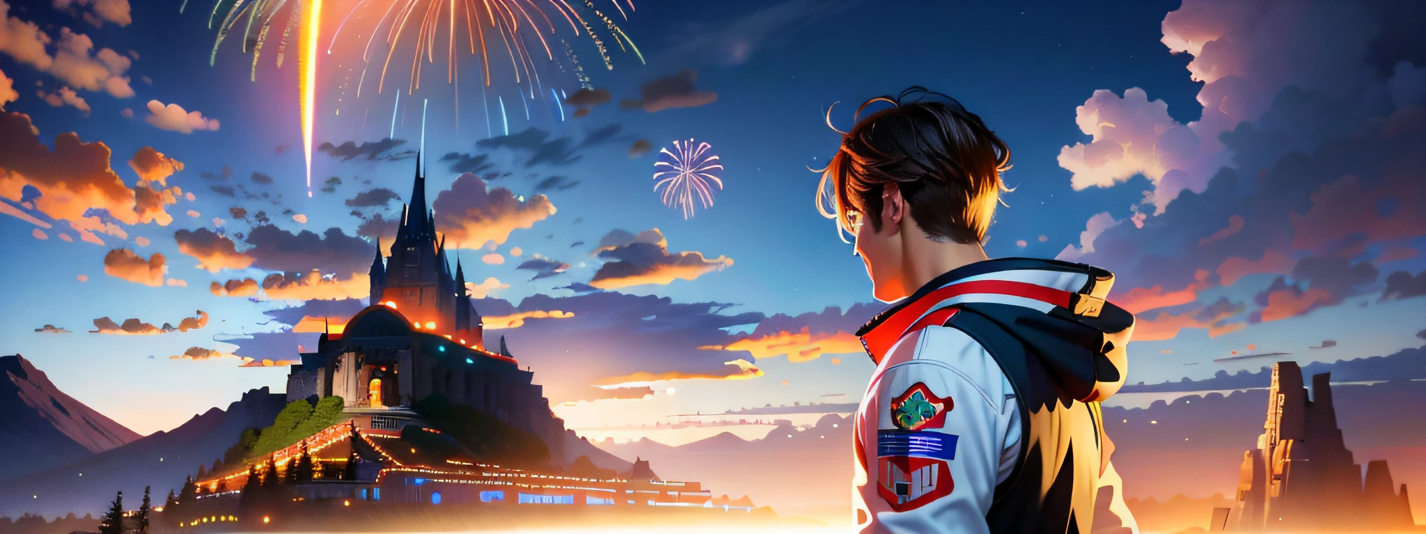 Anime scene of a man in front of a mountain with a firework, Makoto Shinkai Cyril rolling, Epic anime art, Light from above, Artstation, Trending on Artstation, Rossdraws Portrait, IG Model | artgerm, rossdraws, wojtek fus, extremely detailed artgerm, artgerm jsc, cgsociety macro, chengwei pan, art by Robert Hagan, fine detail, atmospheric, vivid tones, octane render, sharp focus, sharp edges, 16k
