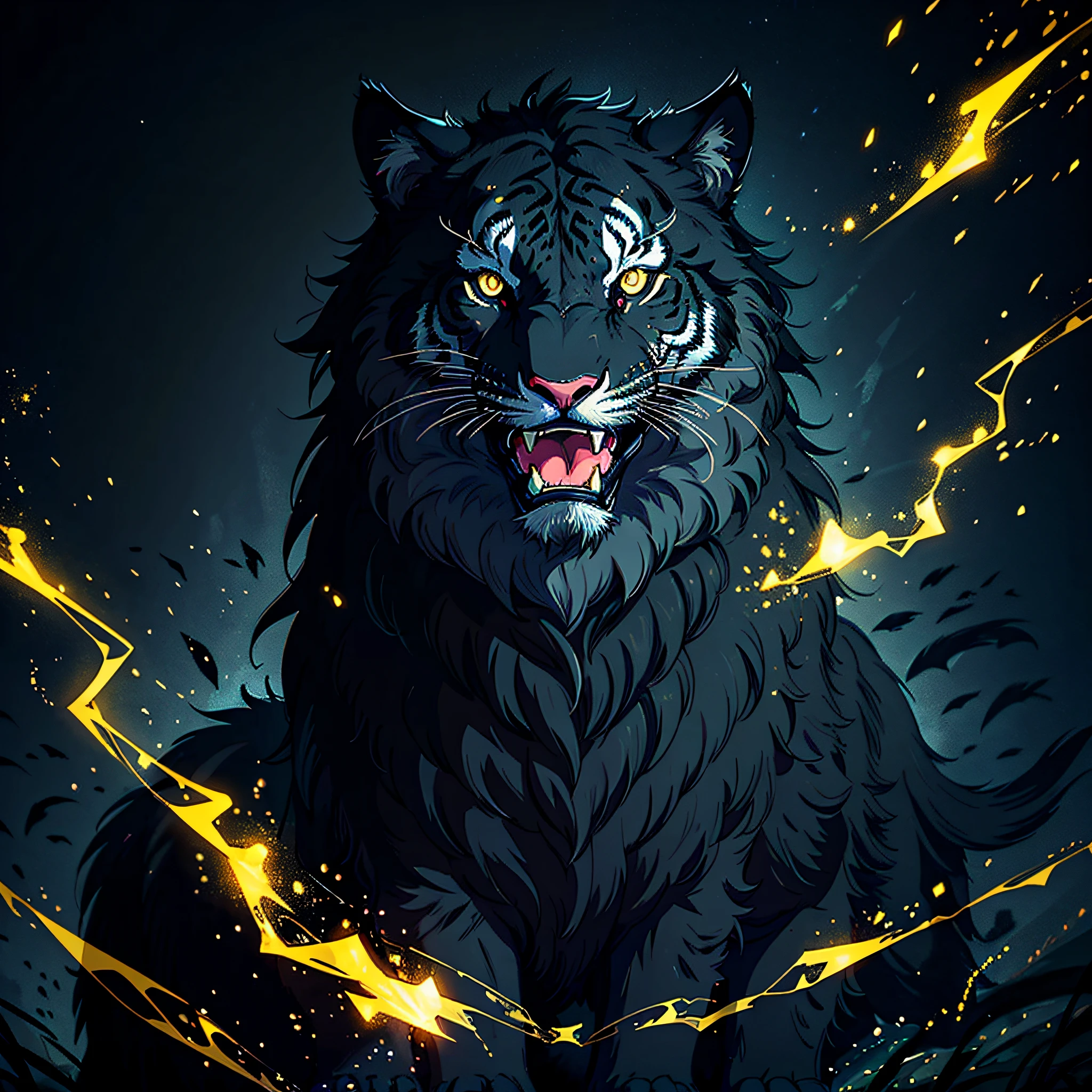 A prehistoric saber-toothed black tiger with a sapphire on its head, open its mouth, ((showing huge fangs: 1.3)), body exudes murderous aura, black magic, (yellow eyes), (dramatic pose), (ethereal lights), (mysterious atmosphere), (intricate details), (magical symbols), (divine light), forest, night, starry sky, full body photo (with full black fur and delicate fur),