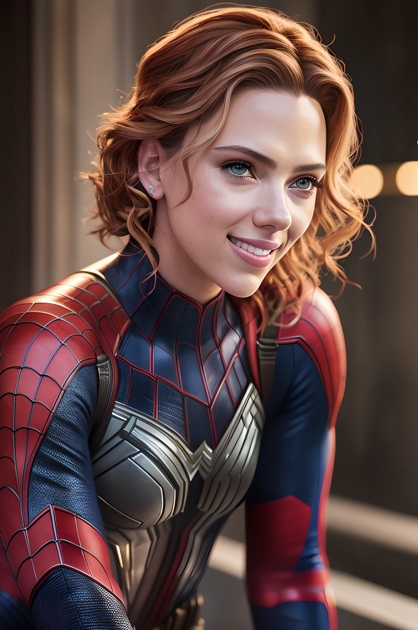 Scarlett Johansson in Spider-Man costume, night, soft lighting, dynamic angle, realistic lighting, smiling, happy, Wonder Woman movie scene background, photo by Brooke DiDonato, (natural skin texture, hyperrealism, soft light, sharp: 1.2), (complex details: 1.12), hdr masterpiece, best quality, (highly detailed photo: 1.1), 8k, photorealistic, (SFW),