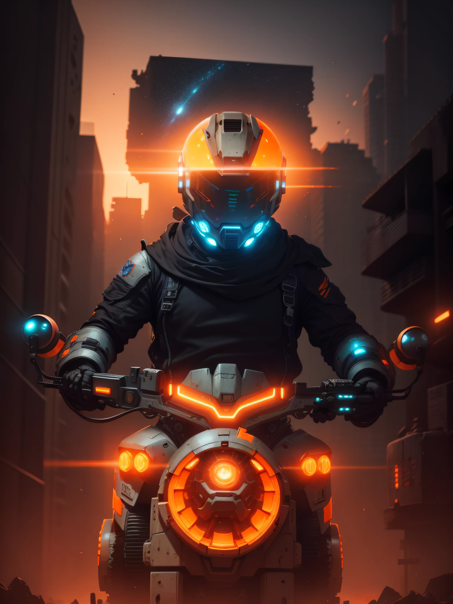 Man on the Moon, Barren Planet, Ruins, Holding Weapons, No Humans, Glowing, Robots, Buildings, Glowing Eyes, Orange Mech, Science Fiction, City, Reality, Mecha, Neon, Cyberpunk, Motorcycle Car, 4K, High Quality Mecha Style, Tech Sense --auto --s2