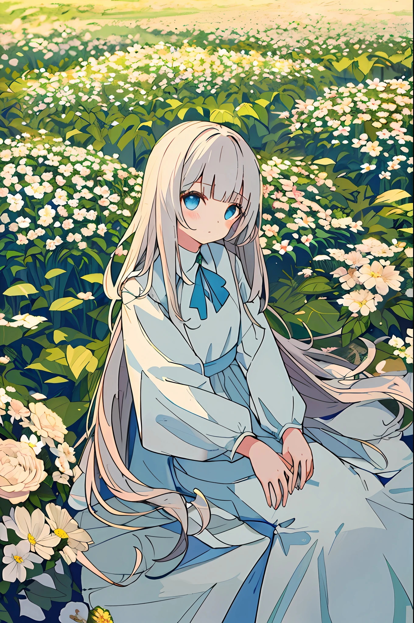 Masterpiece, best quality, a girl with long light hair, soft white clothes, alone in a never-ending flower field