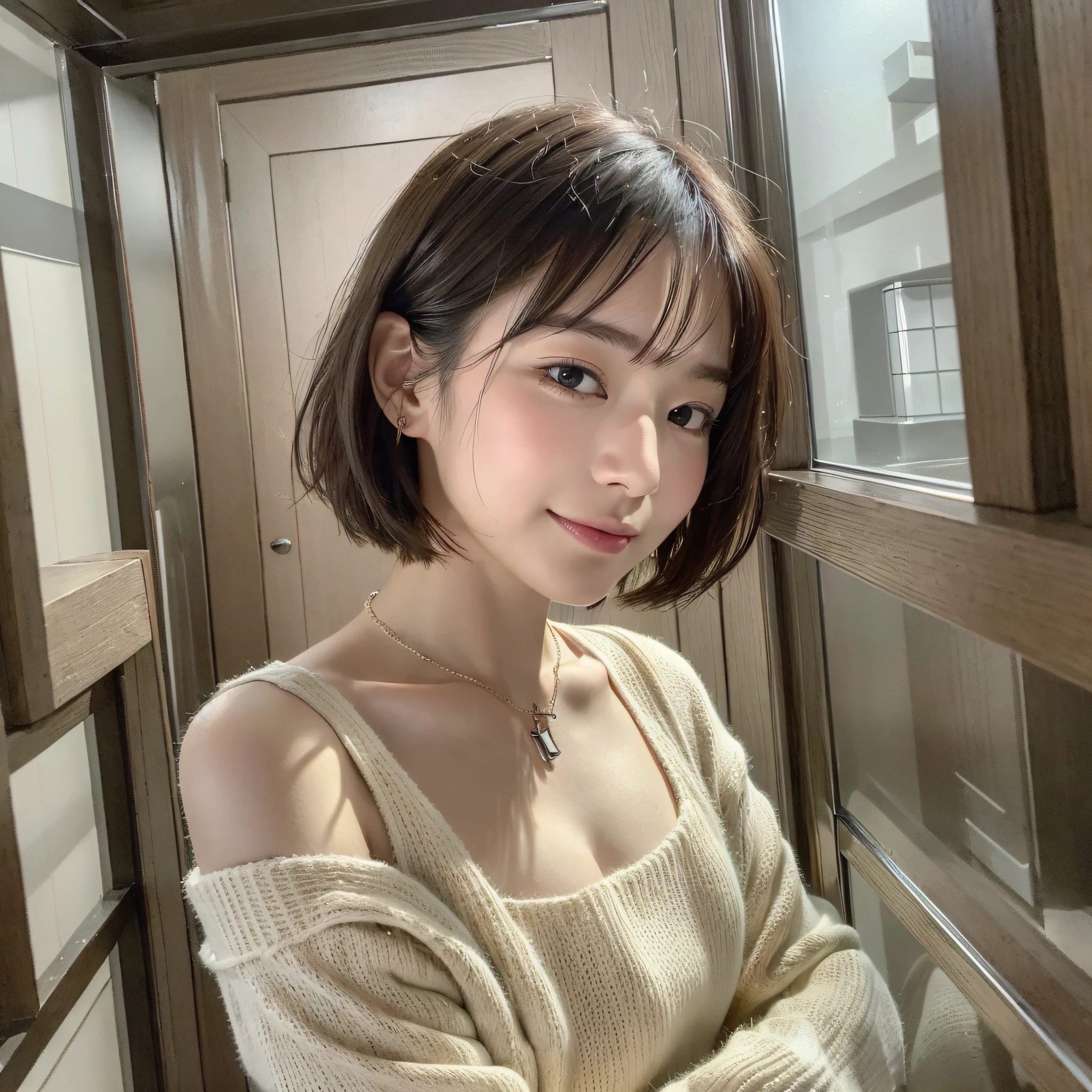 ((Best quality, 8k, Masterpiece :1.3)), 1girl, beautiful woman, (short hair, small breasts: 1.2), super delicate face, delicate eyes, double eyelids, smile, home, love me, look at finder, love, lover, Cute Japan Woman Pictures, Small Breasts, Very Short Bob Hair, Upper Body, Face Focus, (oversized_sweater, A: 1.1) Necklace, Tokyo, Fetal Position, Viewfinder Watch, Sweetheart