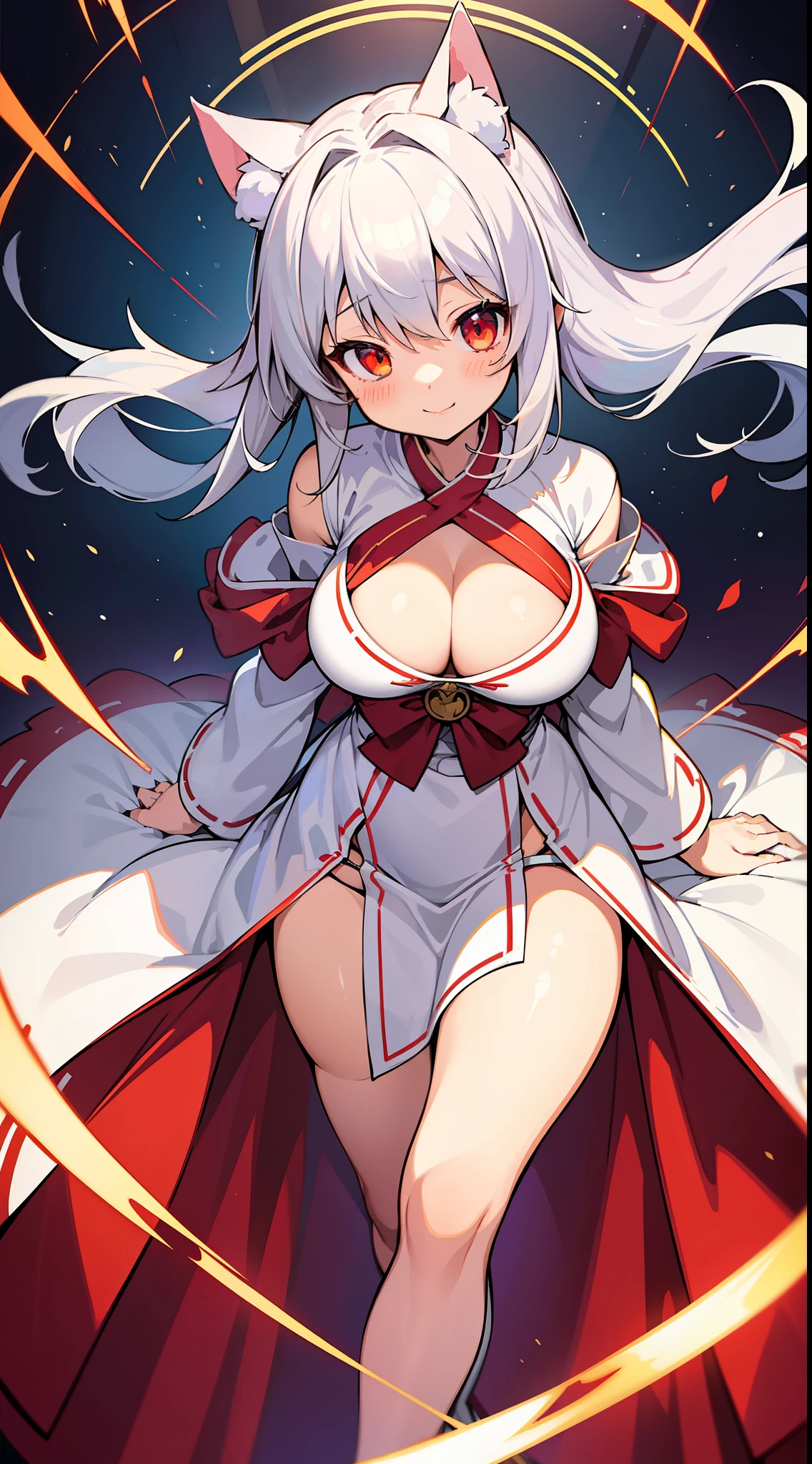 (Masterpiece), (Top Quality Anime Illustration), (Super Definition), One Girl, Solo, Beautiful Girl with Silver Hair, Anime Loli, Cat Ear Loli, Red and White Priestess Costume, Red and White Hakama, Lori Priestess, Smile, Cleavage Emphasis, Lower Breast Emphasis, Thighs, Tarot Card Style
