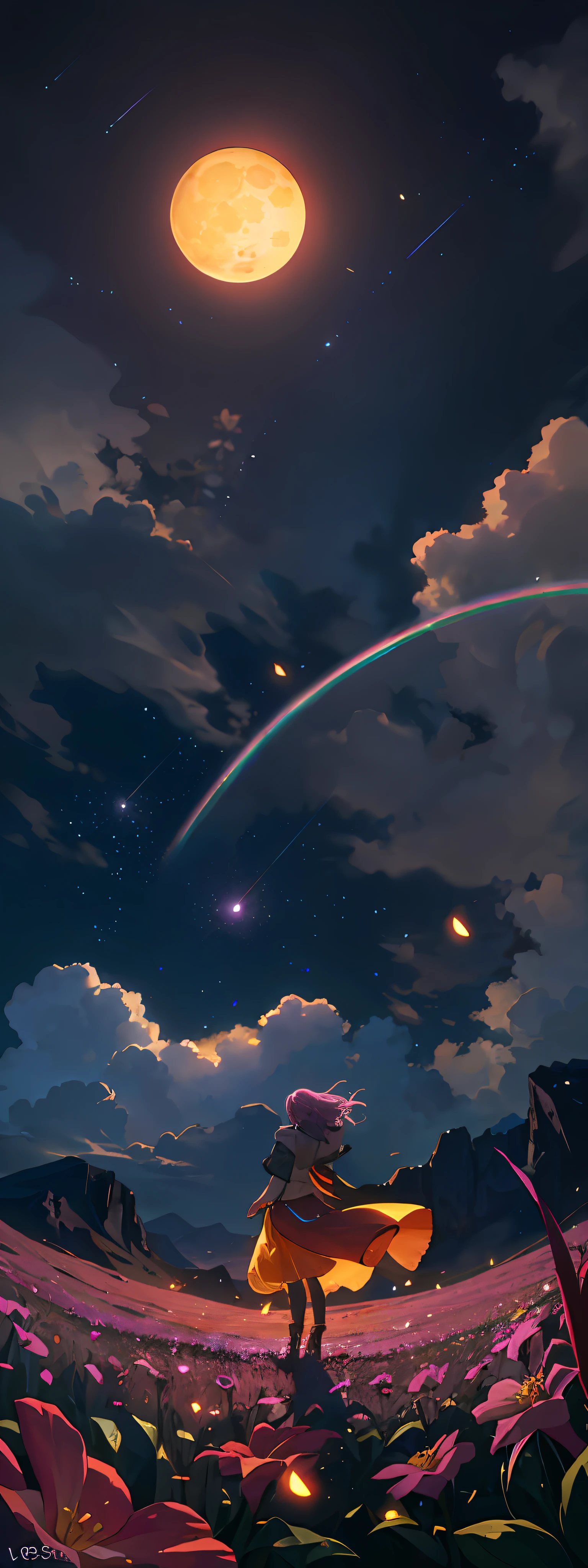 Vast landscape photo, (viewed from below, the sky is above and the open field is below), a girl standing on a flower field looking up, (full moon: 1.2), (meteor: 0.9), (nebula: 1.3), distant mountains , Trees BREAK Crafting Art, (Warm Light: 1.2), (Fireflies: 1.2), Lights, Lots of Purple and Orange, Intricate Details, Volumetric Lighting, Realism BREAK (Masterpiece: 1.2), (Best Quality), 4k, Ultra-Detailed, (Dynamic Composition: 1.4), Very Detailed, Colorful Details, (Rainbow Colors: 1.2), (Glow Lighting, Atmospheric Lighting), Dreamy, Magical, (Solo: 1.2)