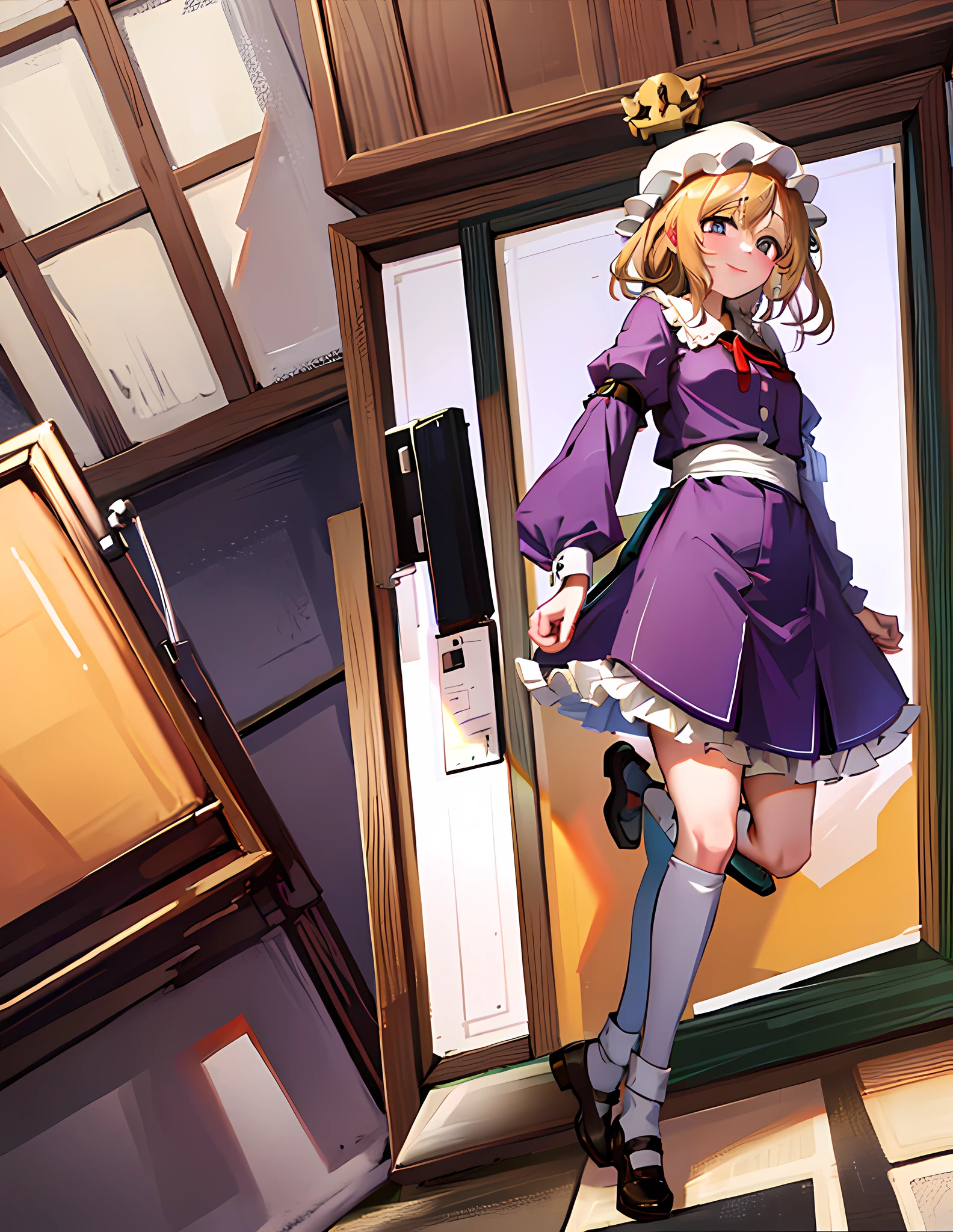 best quality, ultra high res, 1girl, jk, maribel hearn, hat, purple dress, short hair, blonde hair, golden eyes, portrait, detailed face, looking at viewer, smile,