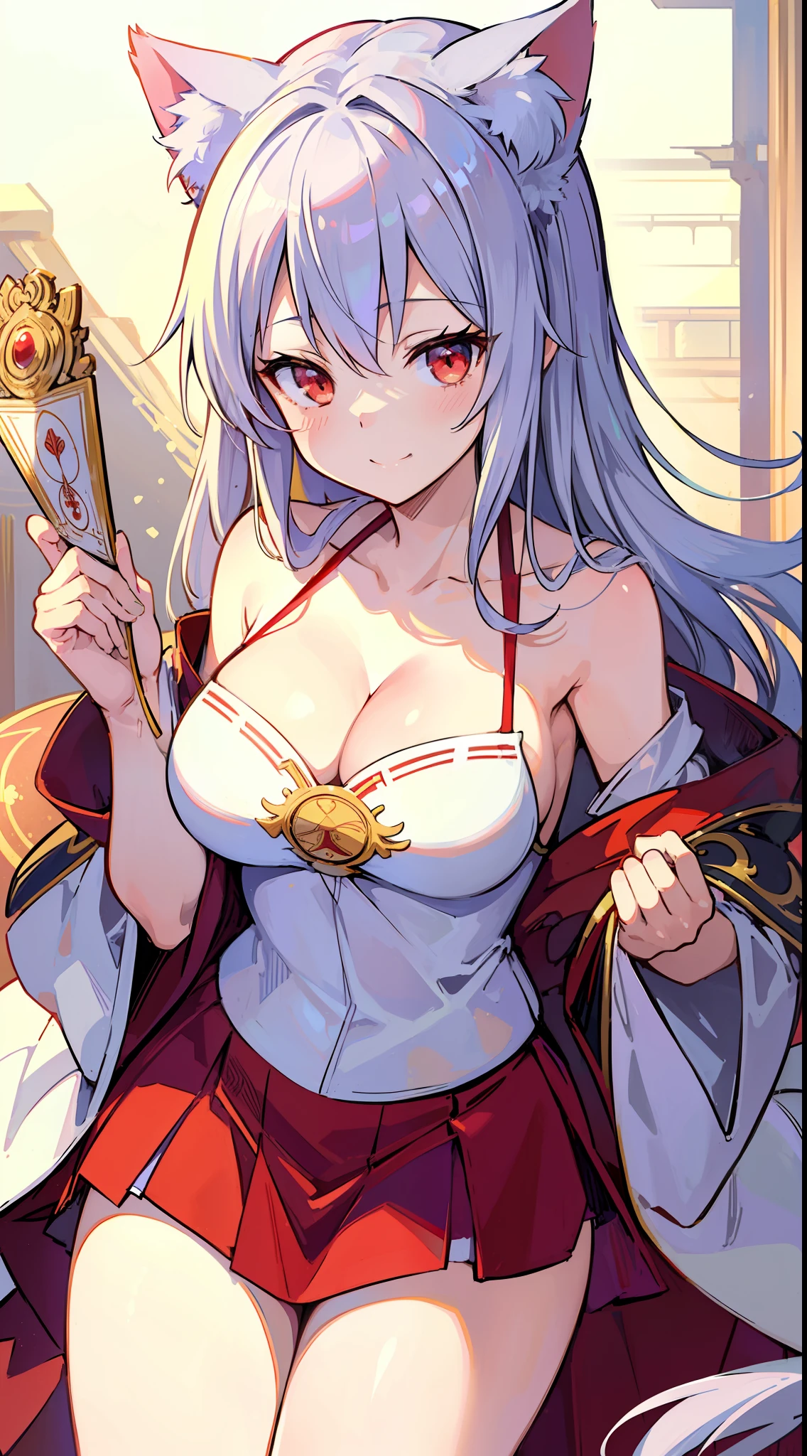 (Masterpiece), (Top Quality Anime Illustration), (Super Definition), One Girl, Solo, Beautiful Girl with Silver Hair, Anime Loli, Cat Ear Loli, Red and White Priestess Costume, Red and White Hakama, Lori Priestess, Smile, Cleavage Emphasis, Lower Breast Emphasis, Thighs, Tarot Card Style