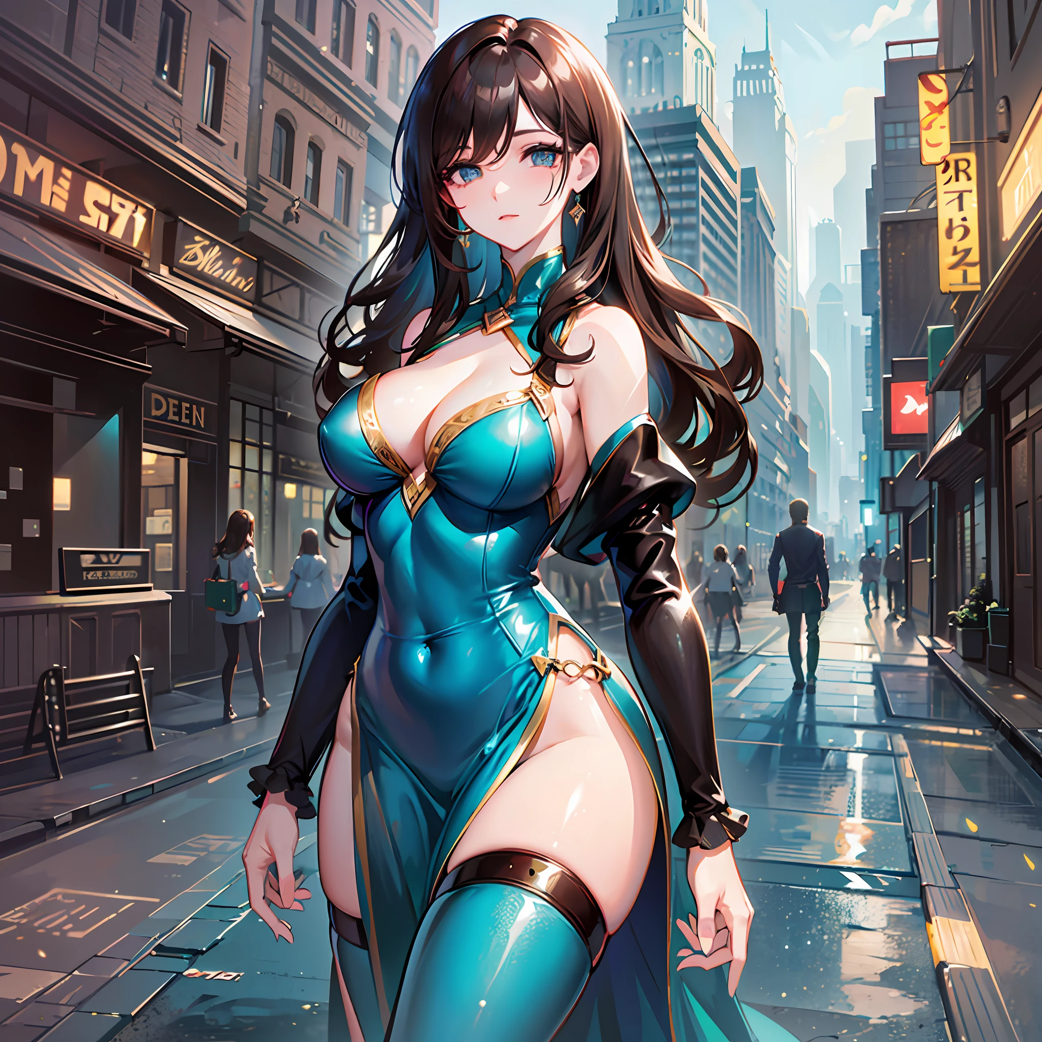 ((Realistic lighting, Best quality, 8K, Masterpiece: 1.3)), Clear focus: 1.2, 1girl, Perfect body beauty: 1.4, Slim abs: 1.1, ((dark brown hair, Big breasts: 1.3)), (Aqua dress: 1.4), (Outdoor, night: 1.1), City streets, Super fine face, fine eyes, double eyelids, exposed cleavage --auto --s2