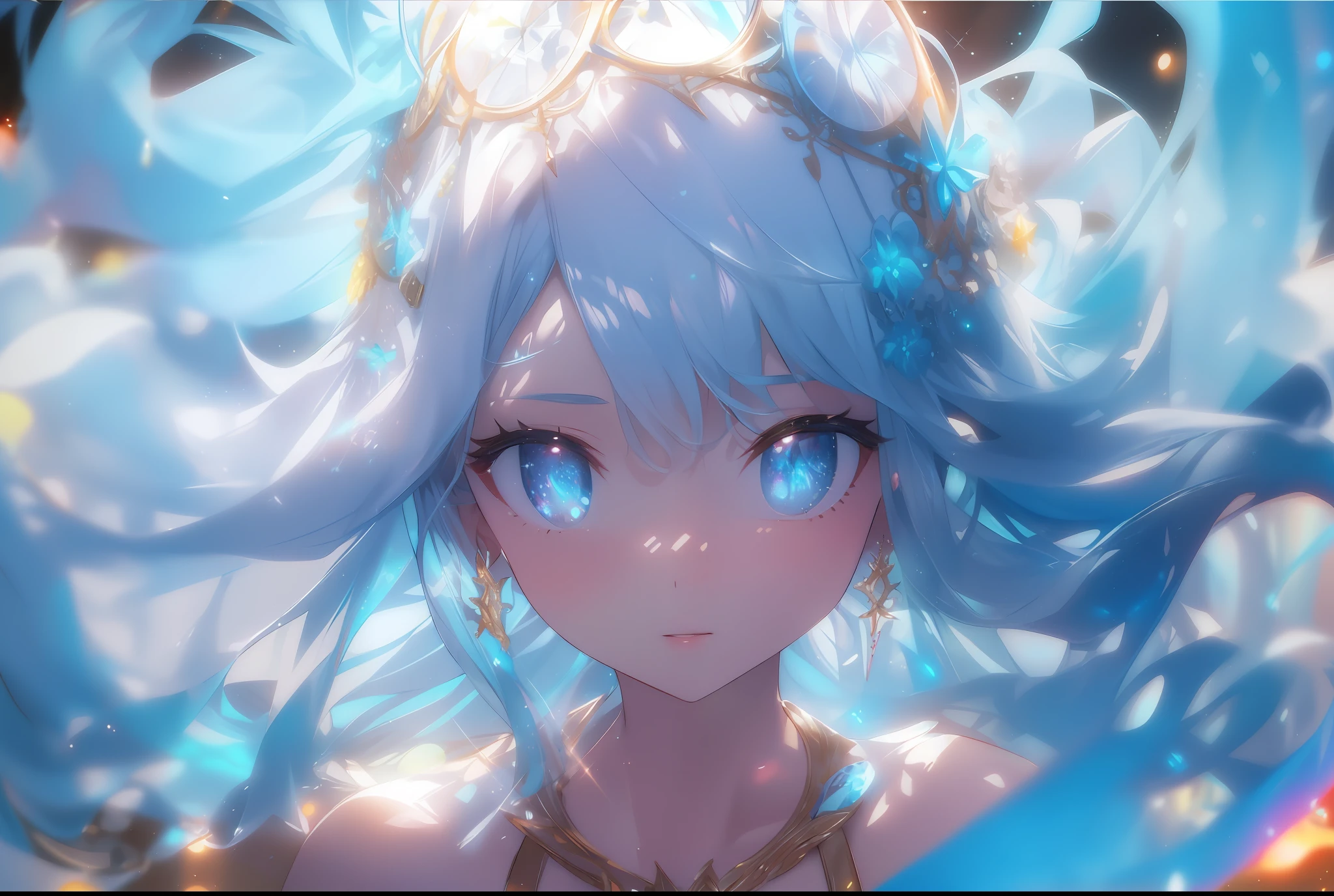 (Masterpiece:1.2), best quality, (illustration:1.2),(Masterfully crafted Glow, lens flare), (ultra-detailed), hyper details, (delicate detailed), (intricate details), (cinematic light, best quality Backlights), clear line, solo female, solo female, perfect body, (1girl), (bioluminescent hair:1.2), (glowing eyes), (Dynamic:1.2), ((makeup)), high contrast, (best illumination, an extremely delicate and beautiful), ((cinematic light)), colourful, powerful, (Cinematic masterpiece), Stick figure, splashes of colour, absolutely eye-catching, ((colourful paint splashes on background, dulux,)), ((caustic)), dynamic angle, beautiful detailed smoke, (Captivating),(Intricately Detailed Cinematic background:1.1), ambient occlusion, ambient light, ray-traced reflections, gem, sparkle, radiant aura, glowing hair