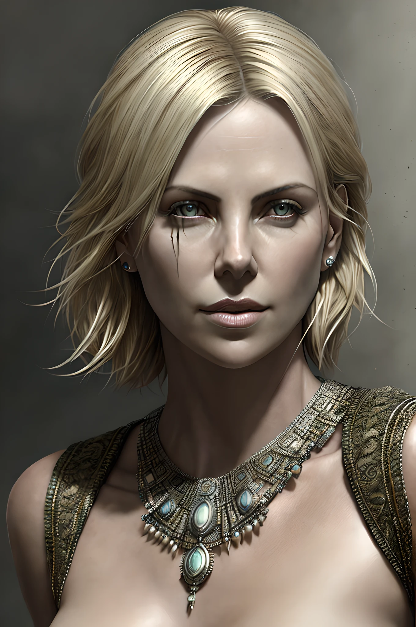 Charlize Theron, epic realistic, (dark shot:1.22), neutral colors, (hdr:1.4), (muted colors:1.4), (intricate), (artstation:1.2), dramatic, intricate details, (technicolor:0.9), detailed, [[rutkowski]], intricate, cinematic, detailed