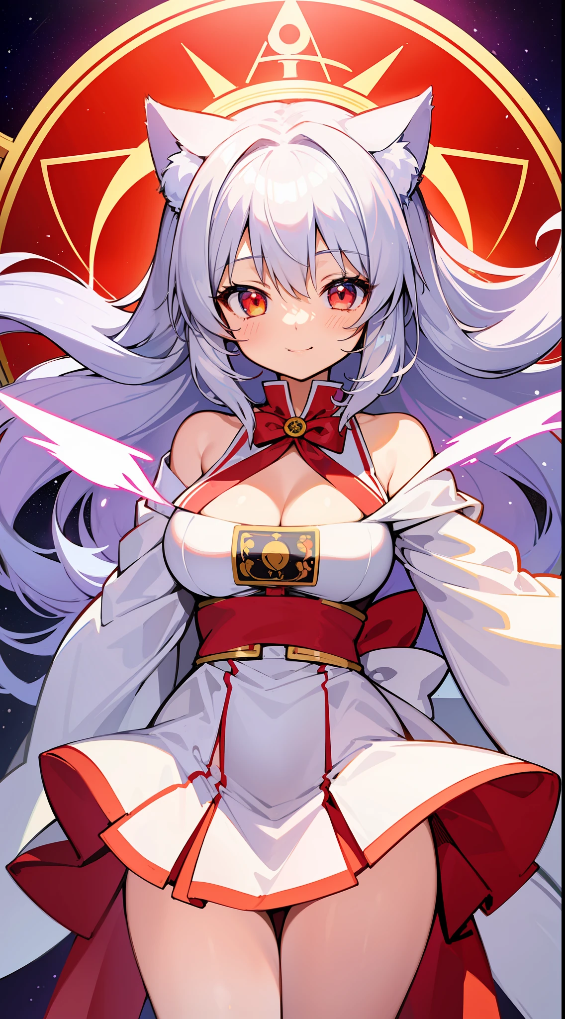 (Masterpiece), (Top Quality Anime Illustration), (Super Definition), One Girl, Solo, Beautiful Girl with Silver Hair, Anime Loli, Cat Ear Loli, Red and White Priestess Costume, Lori Priestess, Smile, Cleavage Emphasis, Lower  Emphasis, Thighs, Tarot Card Wind