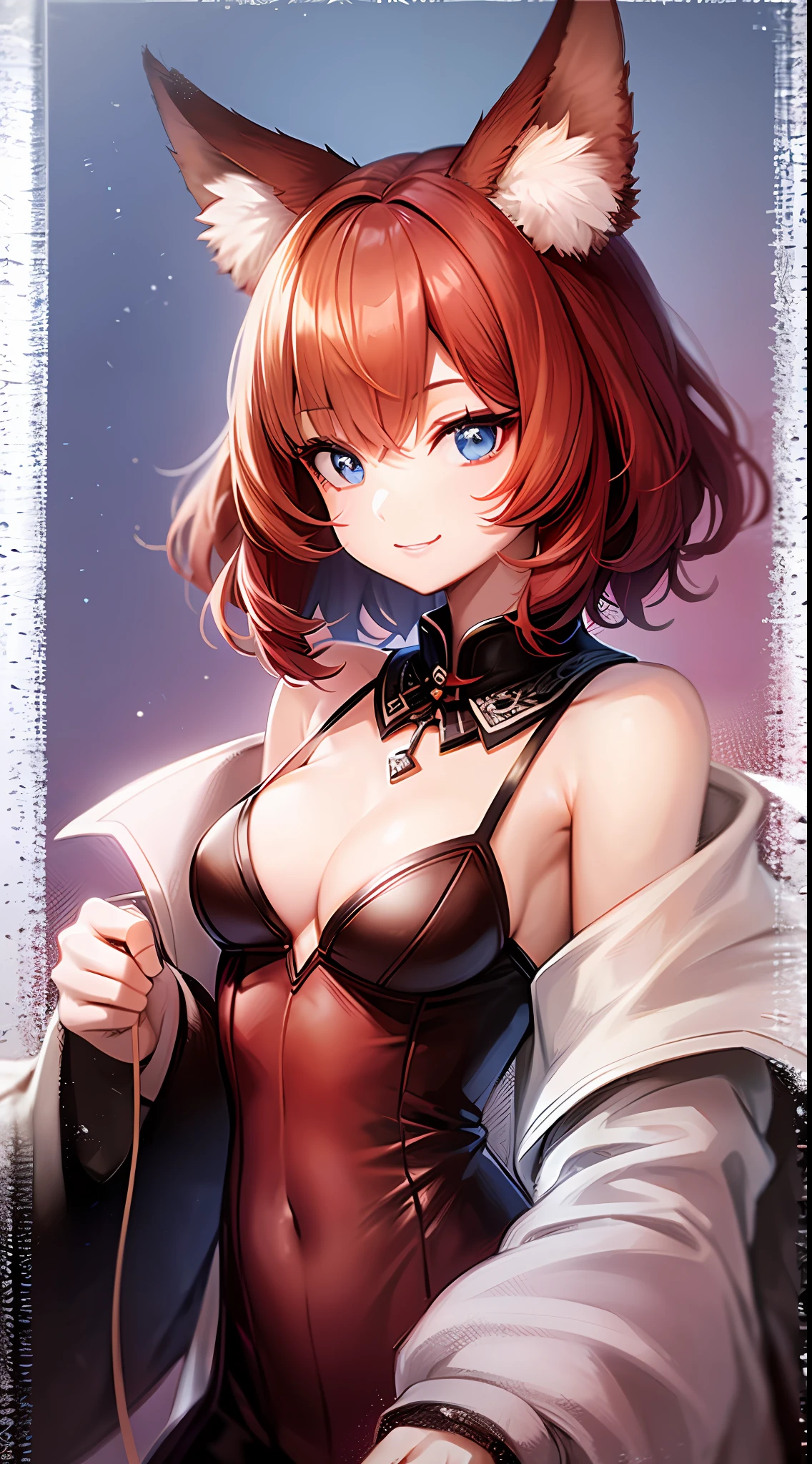 Young girl, short red hair, fox ears, blue eyes, old Russian shirt, smile, open shoulders, chest neckline, masterpiece, high quality