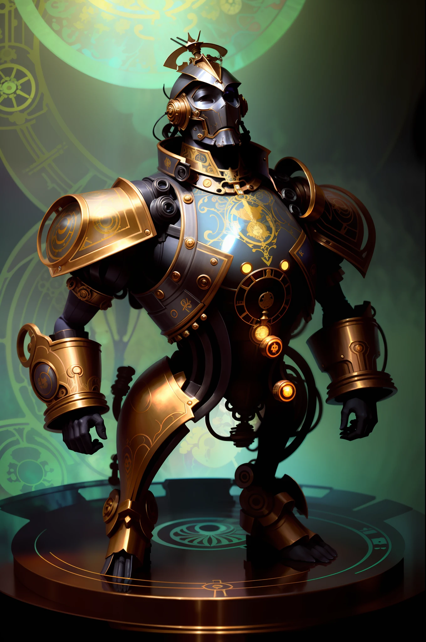( Full body ) character illustration of ( [ an ominous | a gloomy ] ) clockwork ( paladin ) with hanging [ hoses | cables ] and [ pipes | conduits ] ( on top of a pedestal ) [ perfectly | precisely ] centered in the middle of composition , ( ( ( Alphonse Mucha's ) nouveau ) concept [ character design | art | illustration ] ) in sci-fi ( ( nouveau ) futurism ) CCDSF artstyle by Victo Ngai , perfect pose with ( ( clear and readable tangents ) full of negative space ) , perfect ( symmetrical and ( well-proportionate anatomy ) ) exquisite ( 3D ( solid drawing ) volumetry ) enhancing ( perspective ( depth ) )