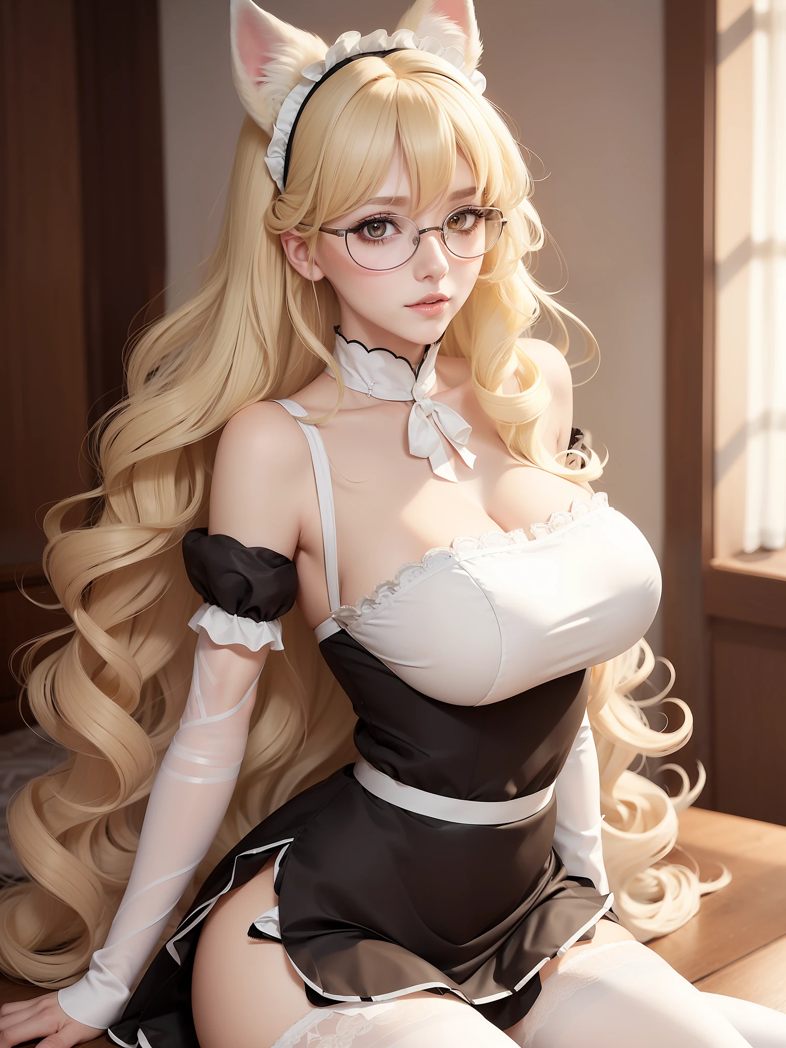 Woman, blonde, curly, long hair, yellow eyes, white fox ears, dressed as a maid, frontal, bangs, 1girl, blush, mature female, (big breasts: 1.3), thin waist, slim, (with glasses), sitting, pantyhose, thighs,
