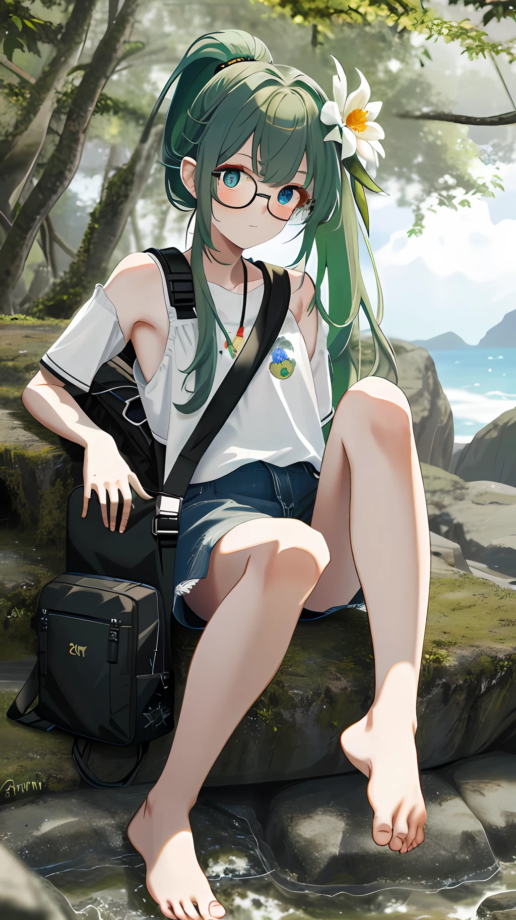 (8k, best quality, masterpiece: 1, 2), top quality, masterpiece, no pants, no clothes, glasses, green hair, long hair, bangs, big ponytail, heterochromic pupil, left eye blue pupil, right eye red pupil, left eye blue, right eye red, angel wings, head ring, white head flower, casual wear, black backpack strap, neck strap, bare foot, bare foot, single, ankle ring, leg ring, flat chest, tomboy, outdoor exposure, edge rubbing, leaky flesh, full nude, chest display