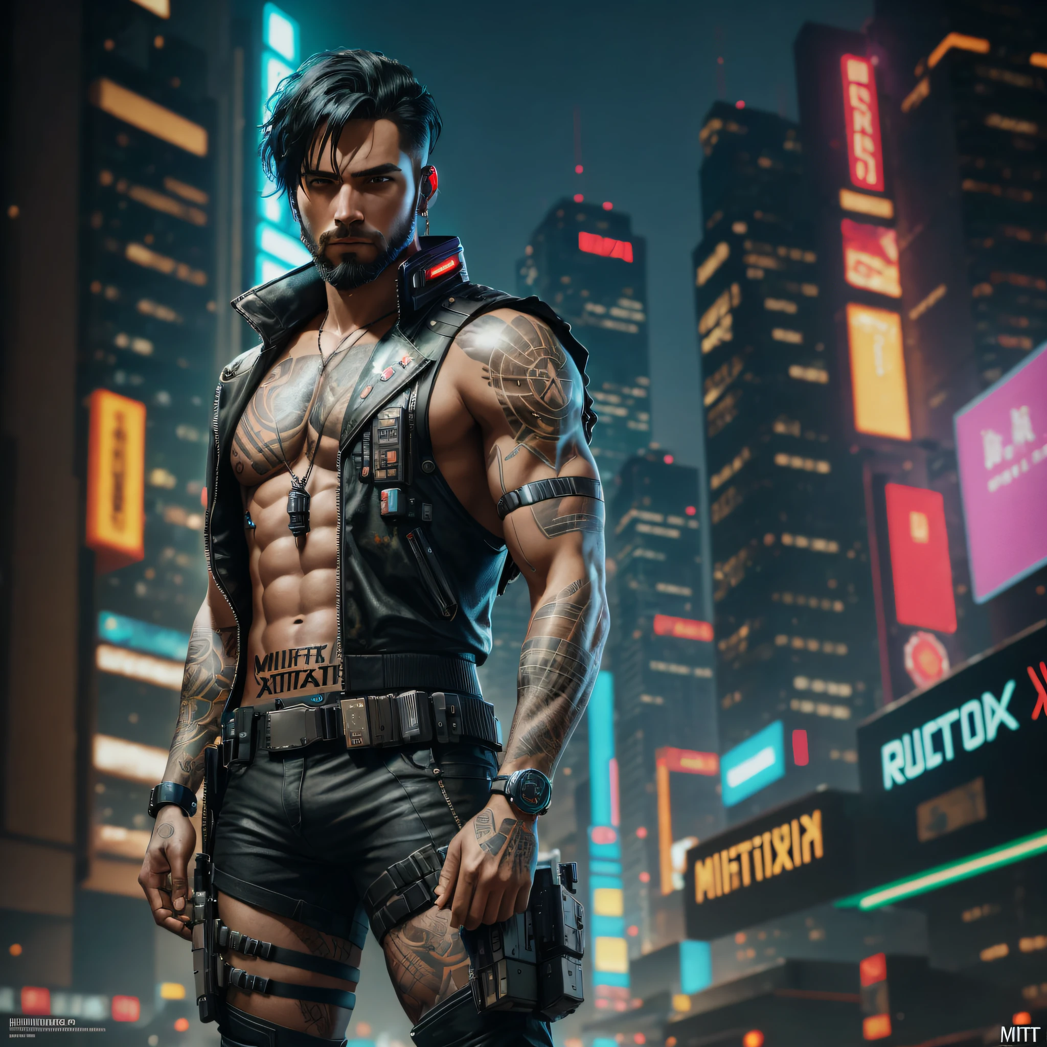 guy, cyberpunk soldier, tattoos, perfect body, short hair, 30s, seductive, black hair, brazilian, skin detail, dark skin tone, casino, front view, bright lighting, full body, night, in a cyberpunk city, neon lights , soft lighting, masterpiece, best quality, 8k uhd, Dslr, film grain, photorealistic painting Fujifilm XT3 art by midjourney and greg rutkowski, portrait, realistic photography, man, beard --auto --s2
