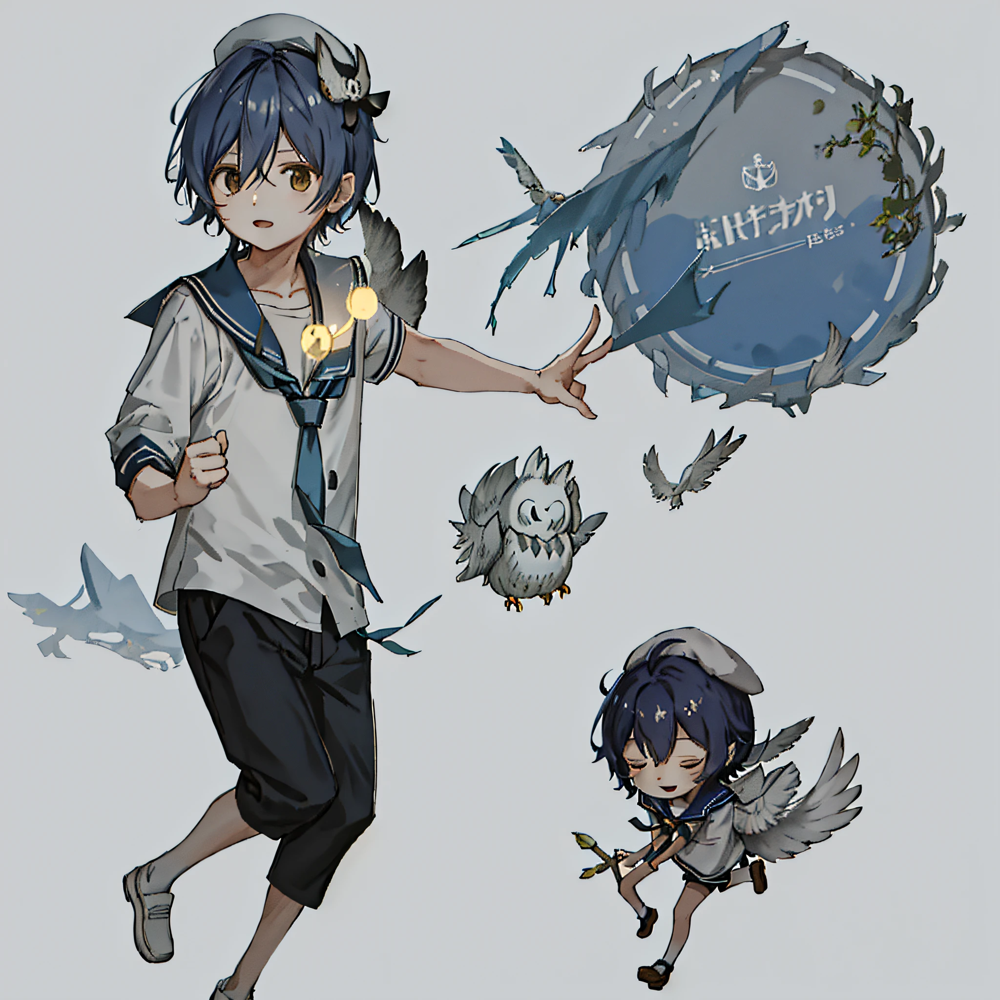 Chibi, chibi, navy blue hair, high school student, boy, mature, wearing sailor hat, wearing sailor suit, male, sunny and cheerful. Chibi, short hair, minimalist, with an owl on his shoulder