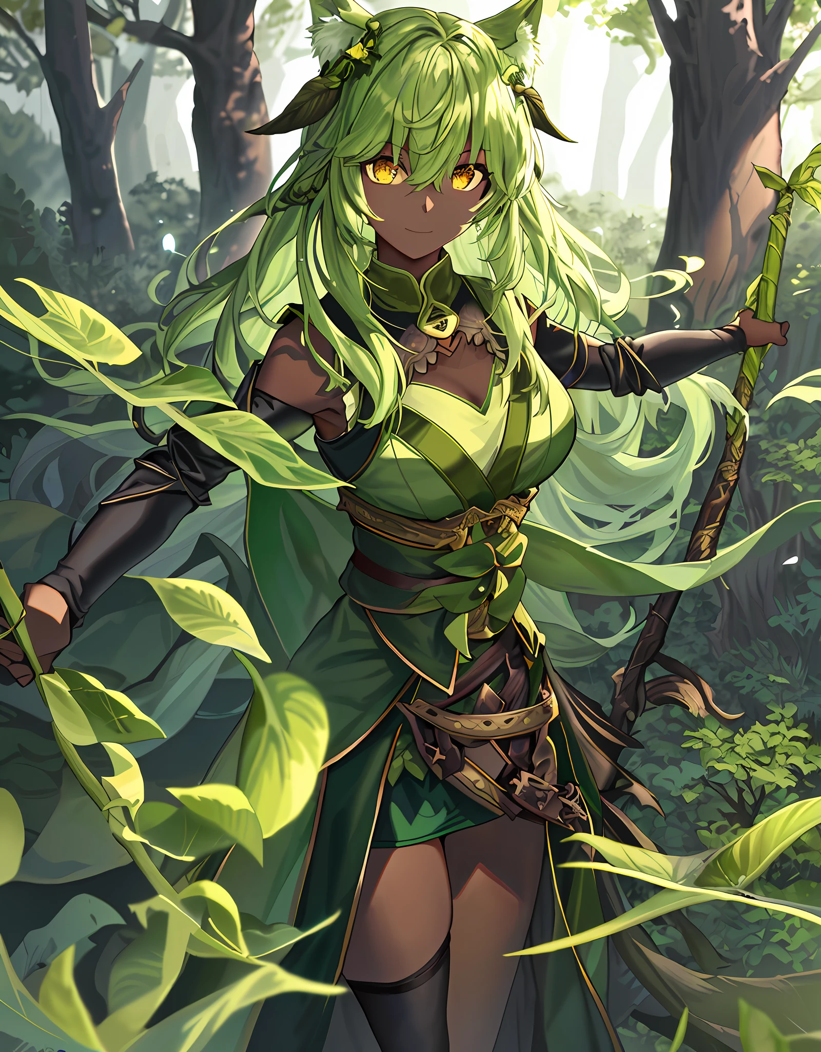 ファンタジー, 1forest_elemental_girl, 格闘, (using_leaves_clothes, green_leaves_covered_breasts, leaves_covered_pussy)+++,medium_breasts,dynamic_pose_standing, light_smile, 眠い, medium_hair, へそ,(dark_skin)+, オイル, (winding_vine_around_torso)++, (ふっくらと)+,森, trees_background, leaves_headgear, green_leaves_cape, hold_large_long_staff, 太もも,