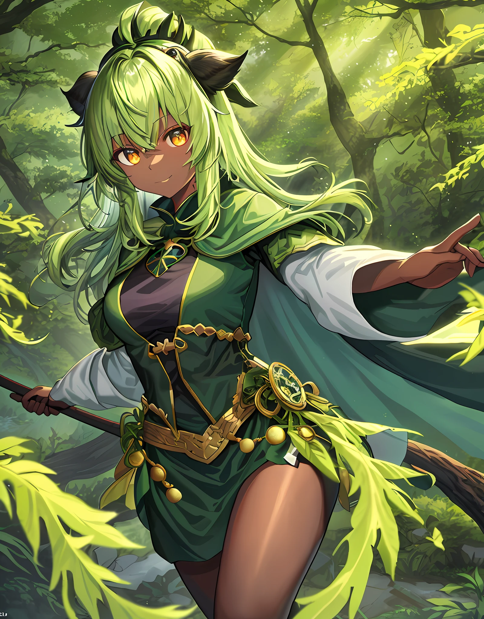 ファンタジー, 1forest_elemental_girl, 格闘, (using_leaves_clothes, green_leaves_covered_breasts, leaves_covered_pussy)+++,medium_breasts,dynamic_pose_standing, light_smile, 眠い, medium_hair, へそ,(dark_skin)+, オイル, (winding_vine_around_torso)++, (ふっくらと)+,森, trees_background, leaves_headgear, green_leaves_cape, hold_large_long_staff, 太もも,