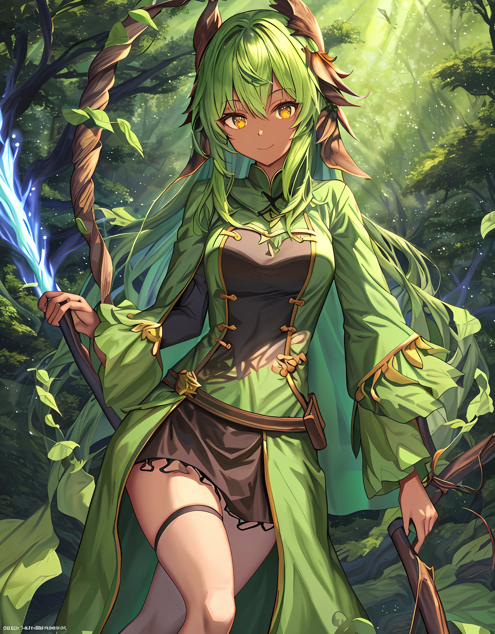 ファンタジー, 1forest_elemental_girl, 格闘, (using_leaves_clothes, green_leaves_covered_breasts, leaves_covered_pussy)+++,medium_breasts,dynamic_pose_standing, light_smile, 眠い, medium_hair, へそ,(dark_skin)+, オイル, (winding_vine_around_torso)++, (ふっくらと)+,森, trees_background, leaves_headgear, green_leaves_cape, hold_large_long_staff, 太もも,