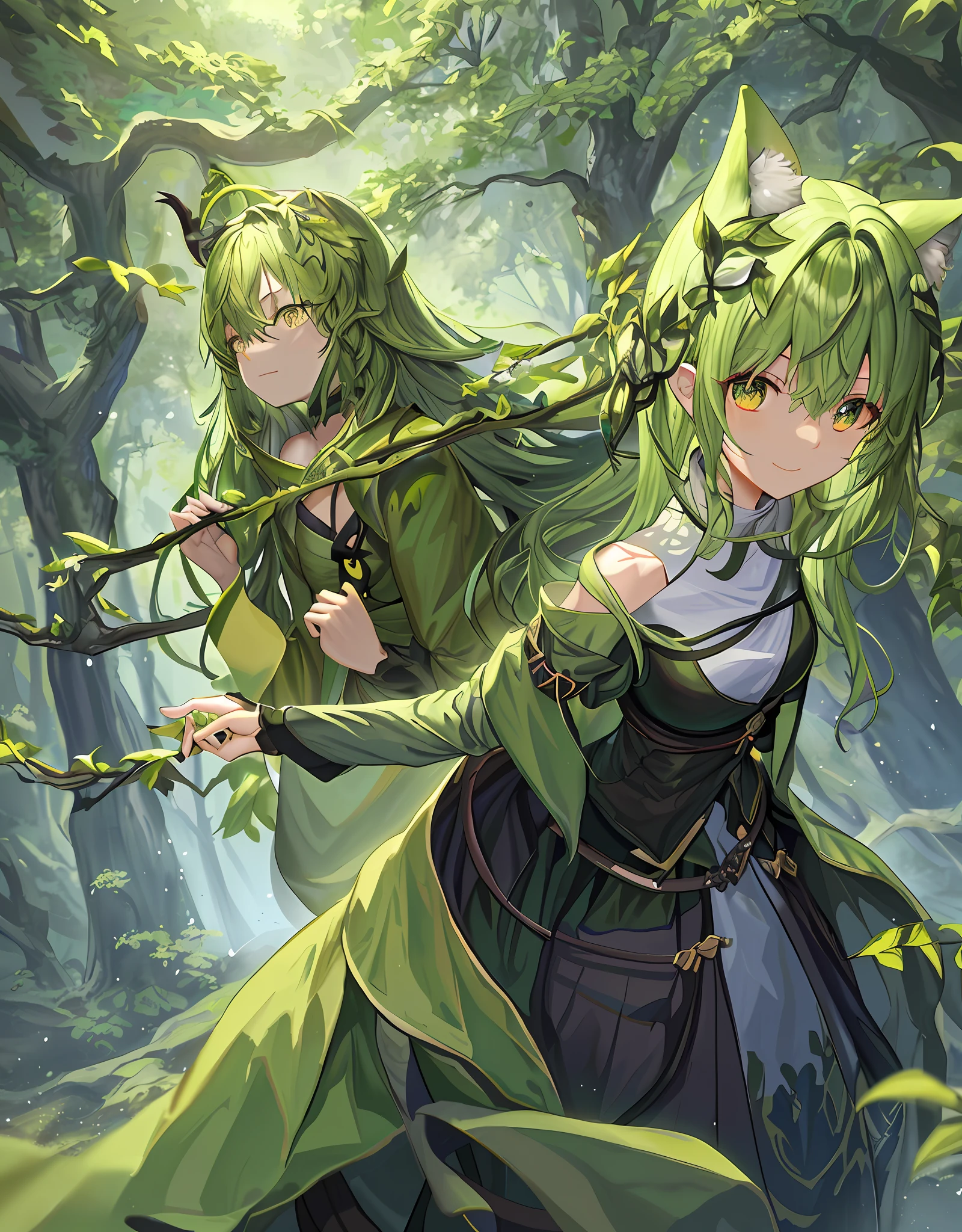 ファンタジー, 1forest_elemental_girl, 格闘, (using_leaves_clothes, green_leaves_covered_breasts, leaves_covered_pussy)+++,medium_breasts,dynamic_pose_standing, light_smile, 眠い, medium_hair, へそ,(dark_skin)+, オイル, (winding_vine_around_torso)++, (ふっくらと)+,森, trees_background, leaves_headgear, green_leaves_cape, hold_large_long_staff, 太もも,