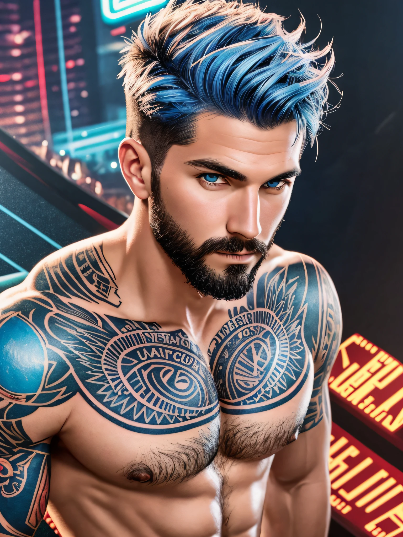 guy, tattoos, perfect body, short hair, 40s, seductive, bluer hair, brazilian, skin detail, casino, front view, bright lighting, full body, night, in a casino, neon lights, soft lighting, masterpiece, best quality, 8k uhd, dslr, film grain, photorealistic painting Fujifilm XT3 art by midjourney and greg rutkowski, Portrait, Photorealistic, Man, beard, suit, Full Body, live action, 8k, detailed, ultrarealistic, Very Dark Lighting, heavy shadows, detailed detailed face, vibrant, photorealistic, realistic, dramatic, sharp focus, wide angle, art by midjourney and greg rutkowski, pov, atmospheric perspective, surrealism, drop shadow, anaglyph, stereogram, tachi-e, pov, perspective atmospheric, 8k, super detail, best quality, 8k, super detail, best quality, UHD, masterpiece, textured skin, super detail, high details, high quality, high quality, best quality, 1080p, HD, 16k, masterpiece raw, masterpiece, UHD, anatomically correct, ccurate, textured skin, super detail, high detail, high quality, award winning, best quality, highres, 1080p, HD, 16k --auto --s2