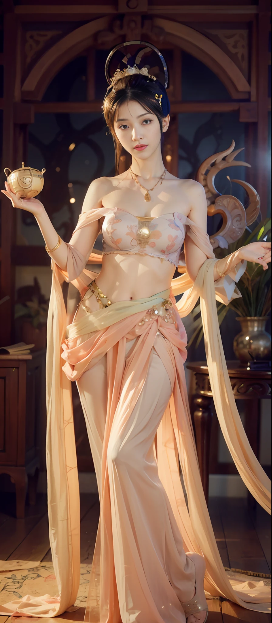 (RAW Photo, Best Quality), (Realistic, Photorealistic True: 1.3), Best Quality, Highly Detailed, Masterpiece, Ultra Detail, Extreme Detail, Extremely Detailed CG, 8k Wallpaper, Realistic Details, Movie Lighting, Illustration, 1 Girl, upper_body, Dynamic Angle, World Mastery Theater, Best Quality, Extremely Delicate Beautiful Girl, Perfect Face, Delicate Facial Features, Delicate Hands, Delicate Eyelashes, Delicate Eyes, Supple Fair Skin, Sexy Collarbone, Dance, dunhuang_dress, holding lotus, bare shoulders, stunning beauty, abdomen, navel, amazing, sexy, peach blossom eyes, light makeup, smile, lens_flare, dunhuang_style, streamers, floating, lanterns, full body portraits,