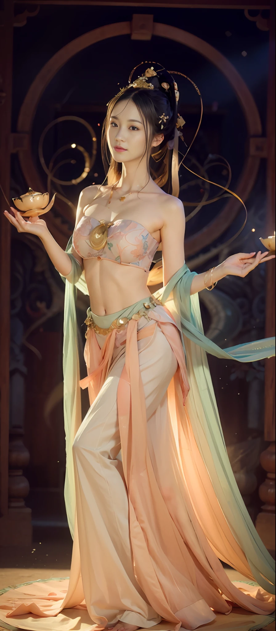 (RAW Photo, Best Quality), (Realistic, Photorealistic True: 1.3), Best Quality, Highly Detailed, Masterpiece, Ultra Detail, Extreme Detail, Extremely Detailed CG, 8k Wallpaper, Realistic Details, Movie Lighting, Illustration, 1 Girl, upper_body, Dynamic Angle, World Mastery Theater, Best Quality, Extremely Delicate Beautiful Girl, Perfect Face, Delicate Facial Features, Delicate Hands, Delicate Eyelashes, Delicate Eyes, Supple Fair Skin, Sexy Collarbone, Dance, dunhuang_dress, holding lotus, bare shoulders, stunning beauty, abdomen, navel, amazing, sexy, peach blossom eyes, light makeup, smile, lens_flare, dunhuang_style, streamers, floating, lanterns, full body portraits,