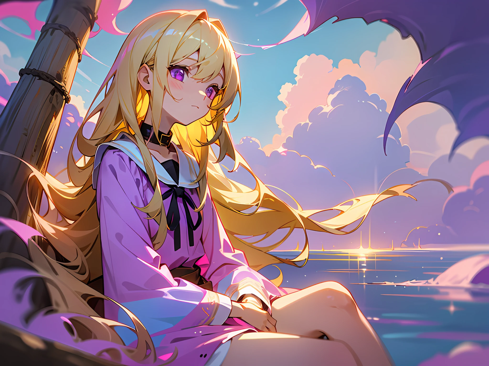 Sea of clouds, colorful clouds, a piece of wood, young girl, alone, fantastic long hair, blonde hair, purple on the inside of the hair, delicate and beautiful face, gentle expression, sitting on a log with a black collar around the neck, bathing in sunlight, glowing pink eyes, a blouse