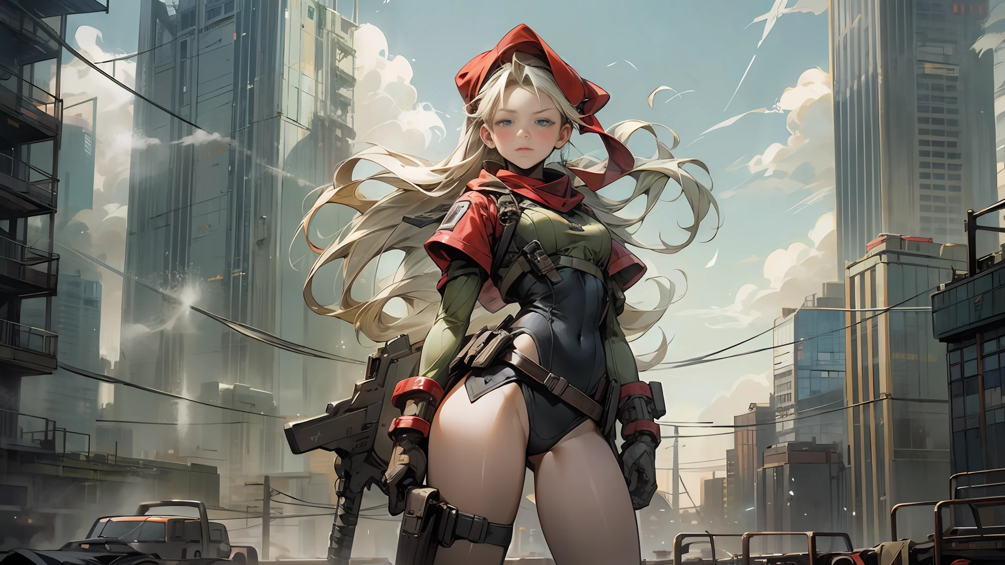 Cammy, she's wearing her classic combat uniform, a red bandana is tied around her head, her boots are black leather with white laces, and her gun is attached to her right thigh. She's standing atop a skyscraper looking out over the city below. The sky is cloudy and grey, with some buildings in the background almost hidden by fog. Cammy looks calm and determined, as if watching her next mission. / The setting is a large, modern city with tall buildings and skyscrapers. The city appears to be located on the sea coast, with some docks and cargo ships visible on the horizon. There's a cold breeze blowing, making the leaves of the trees move and Cammy's hair fly. / The environment has a tense and dangerous atmosphere, as if something important is about to happen. The city is silent except for the distant sound of cars and the ocean. / Digital illustration with a manga art style. Cammy looks like it came straight out of an action anime, with vibrant colors and crisp, clean lines. / --auto --s2