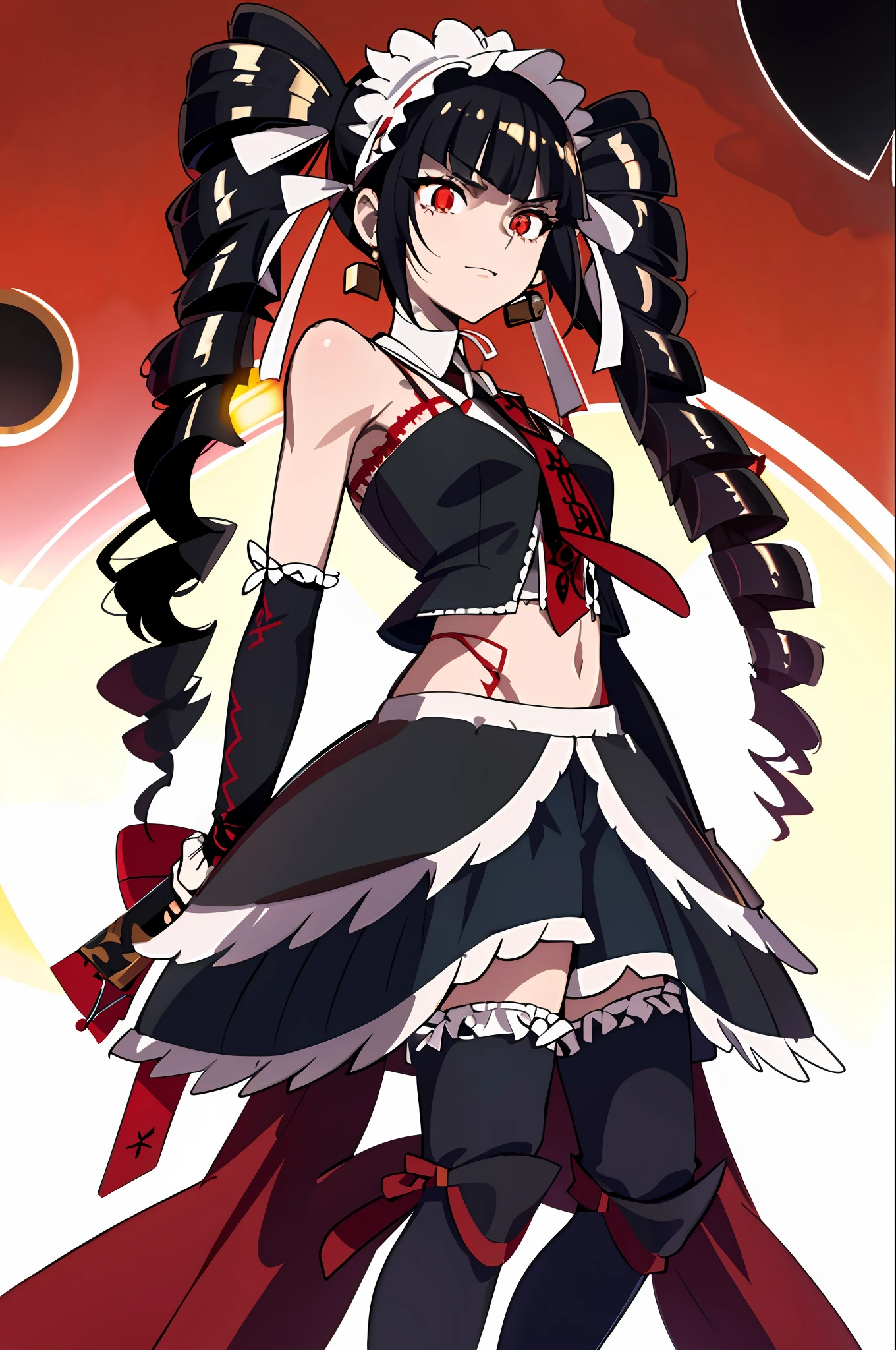 realistic, (masterpiece, top quality, best quality, official art, beautiful and aesthetic:1.2), extremely detailed,(1girl:1.3),cowboy shot,(looking at viewer),(holding single weapon:1.3),clenched fist, pointing hand viewer, from middle,black background,(night:1.2), filmg, insane happy expression, celestiaLudenbergTopless, solo, and long, has black hair in two large twin-drill pigtails, (red eyes:1.2), 1girl, jewelry, standing, earrings, necklace, armor, red tattoo, topless, Gold armor, shirtless, gold clingon bra, single gold gauntlet,right gold shoulder armor,right gold elbow gloves, one shoulder armor, a red and gold jacket that includes white ribbon lacing down the sleeves, fastened by a simple white ribbon across her chest to reveal her red tie, knee-high stockings trimmed in ladder lace with a black ribbon on the opposite side of the other for each, dark red mary janes with a thick heel held on her feet by three gold buckles, a white lace headband, and a gold, gunmetal plated ring, tulle lace dark red hued panties, a red and black pleated miniskirt that is cut extremely short, standing, full body portrait