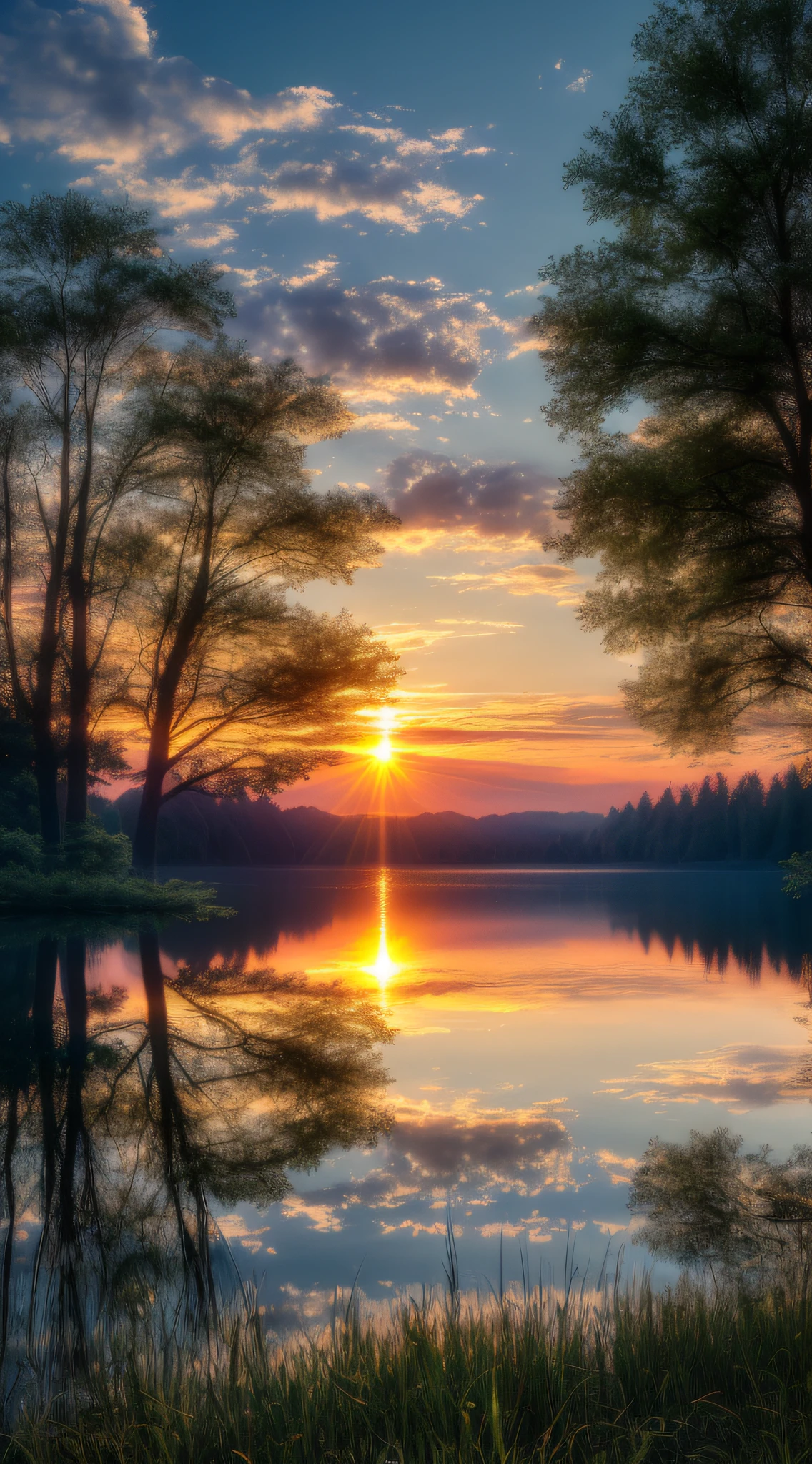 Wallpaper, summer, lake, dawn, forest, clouds, dawn background, depth of field, HD detail, hyperdetail, cinematic, soft light, deep field focus bokeh, ray tracing, diffuse (ultra-fine glass reflection) and realism. --v6
