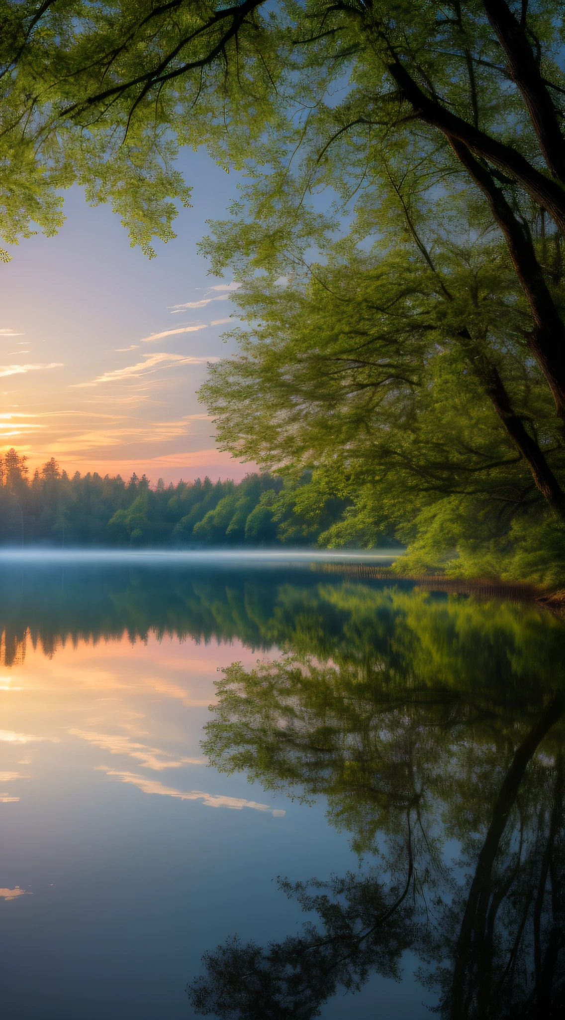 Wallpaper, summer, lake, dawn, forest, clouds, dawn background, depth of field, HD detail, hyperdetail, cinematic, soft light, deep field focus bokeh, ray tracing, diffuse (ultra-fine glass reflection) and realism. --v6
