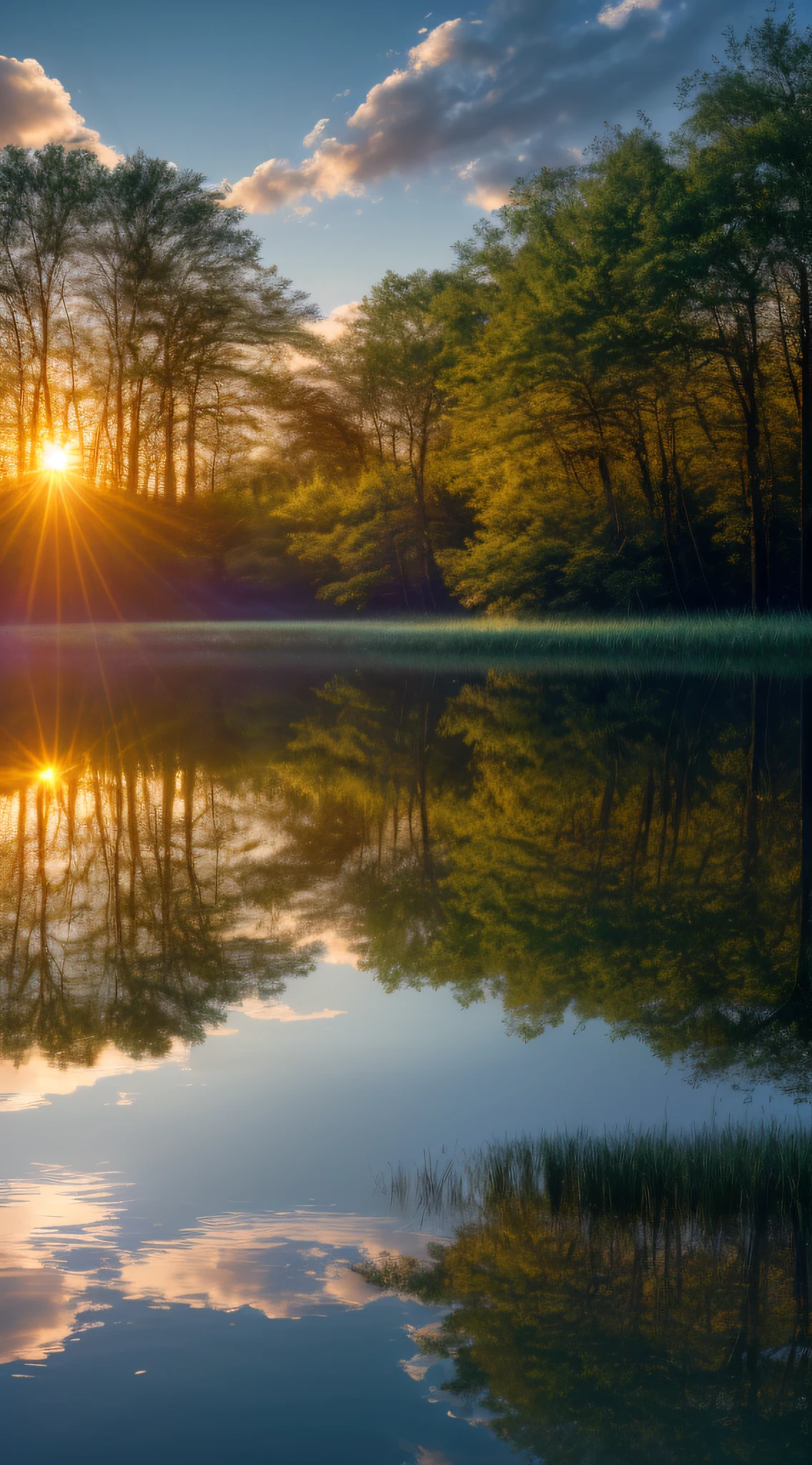 Wallpaper, summer, lake, dawn, forest, clouds, dawn background, depth of field, HD detail, hyperdetail, cinematic, soft light, deep field focus bokeh, ray tracing, diffuse (ultra-fine glass reflection) and realism. --v6