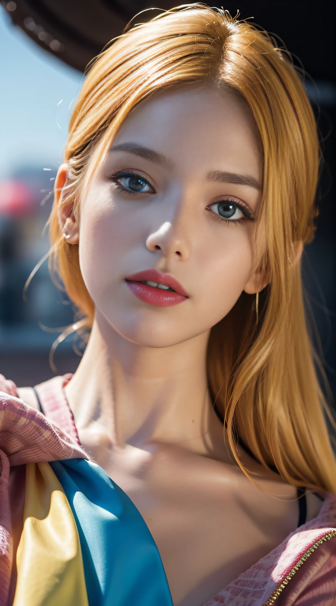 The bust of the model is made entirely of colorful hard candies stacked together. Her facial features are stylized in different flavors and candy colors – red lips, blue eyes, yellow hair. A few pieces loosened, dangling around, about to fall. It is a sweet, playful and whimsical interpretation of her portraiture. (Original Photo, Best Quality), (Realistic, Photo Fidelity: 1.3), Clean, Masterpiece, Fine Detail, Masterpiece, Hyper Detail, High Rise, (Best Illustration), (Best Shadow), Complex, Bright Light.
