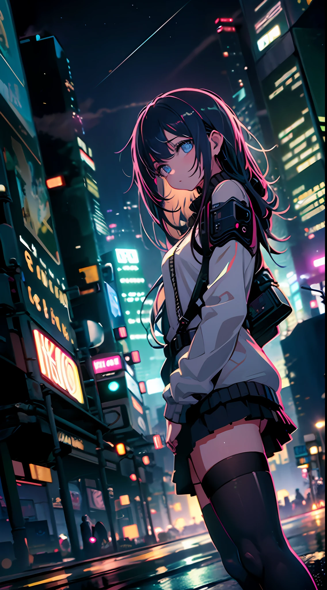 Night, cyberpunk city background, after rain, street, age girl in comfortable sweater, black stockings, backlight, looking at the audience, low angle lens, looking up lens, perfect composition, perfect light and shadow delicate, 8k